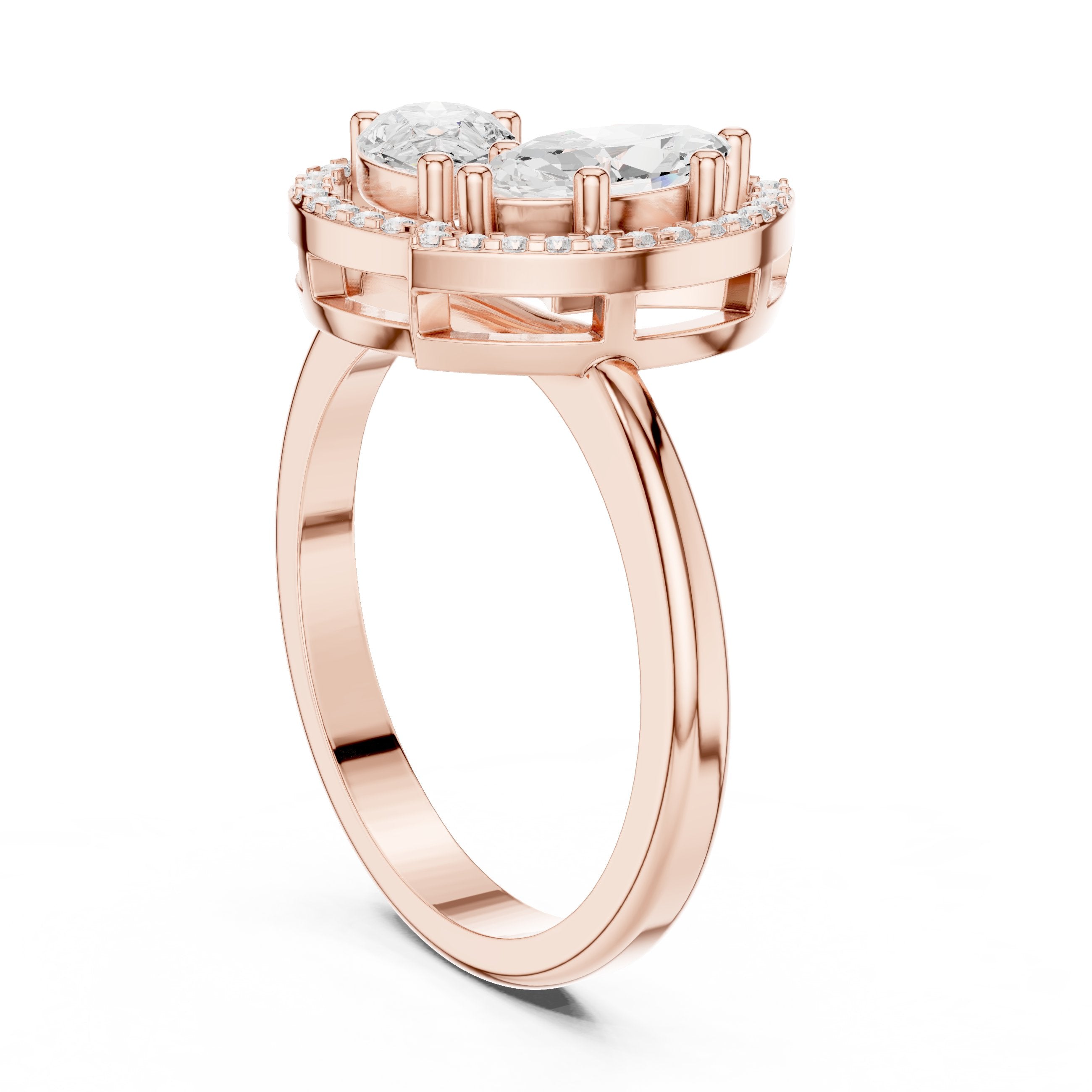 Marquise and Pear Toi et Moi Engagement Ring with Pavé Halo Frames in Rose Gold - VYKA Diamonds