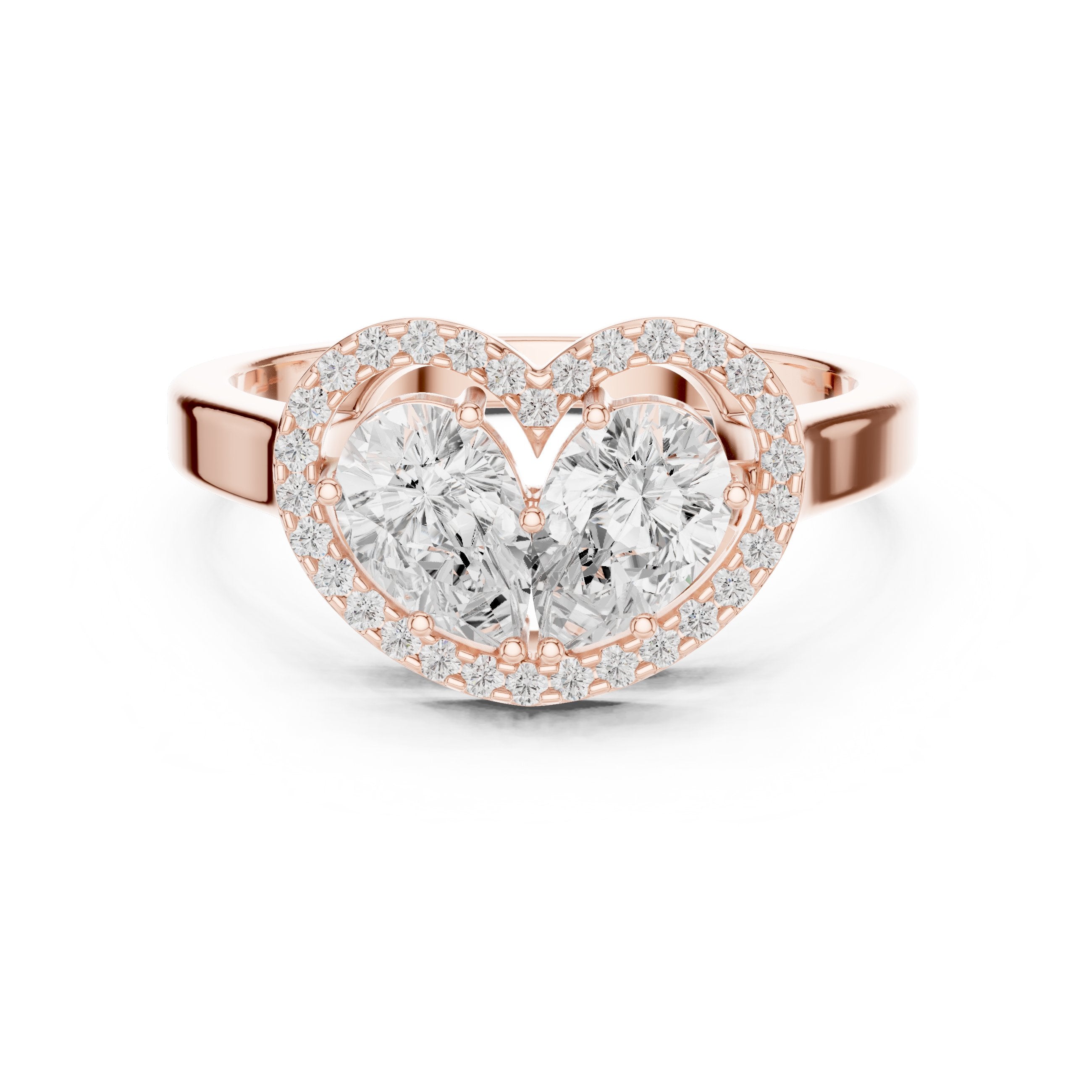 Two Pear Diamond Heart Silhouette Engagement Ring with Halo in Rose Gold - VYKA Diamonds