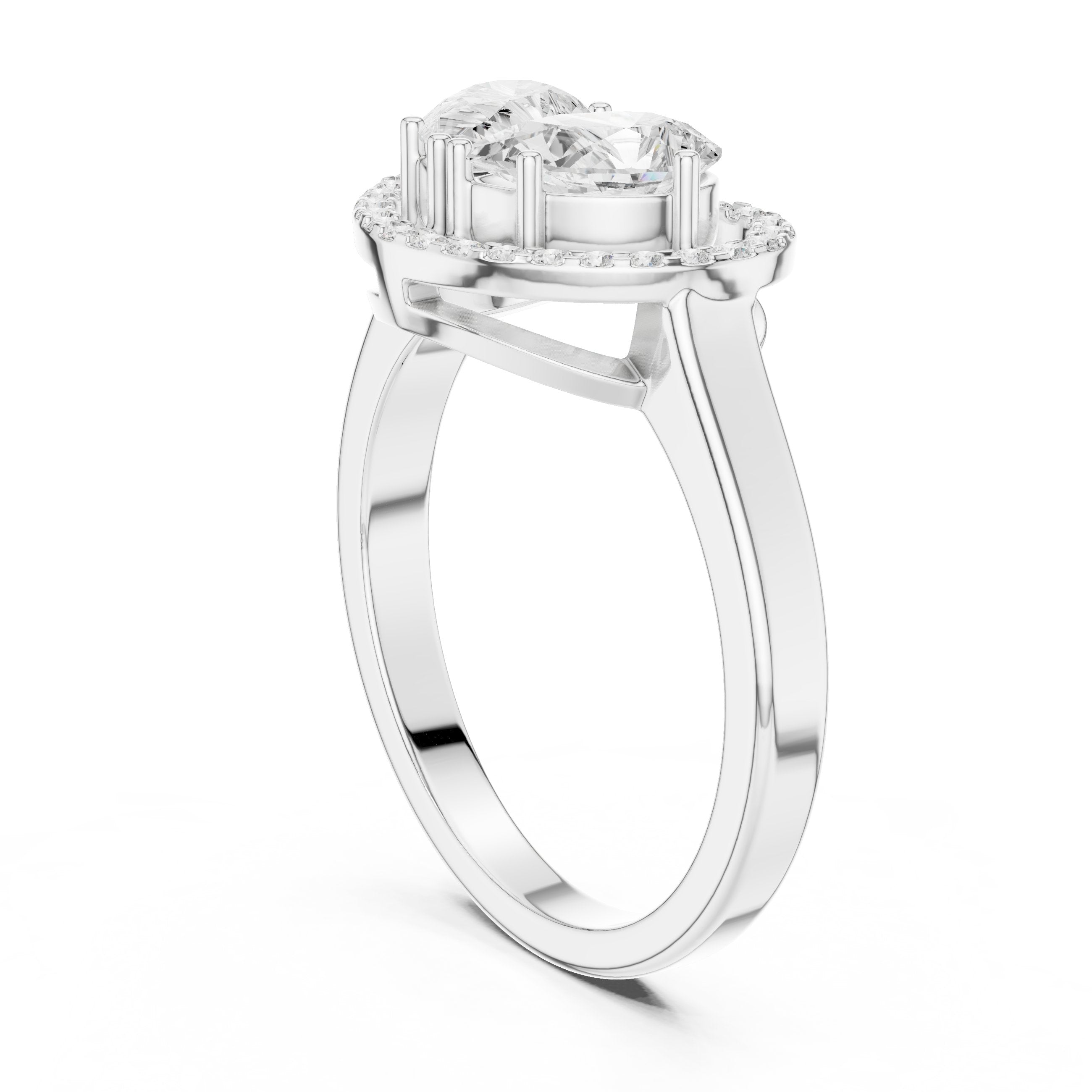 Two Pear Diamond Heart Silhouette Engagement Ring with Halo in White Gold - VYKA Diamonds