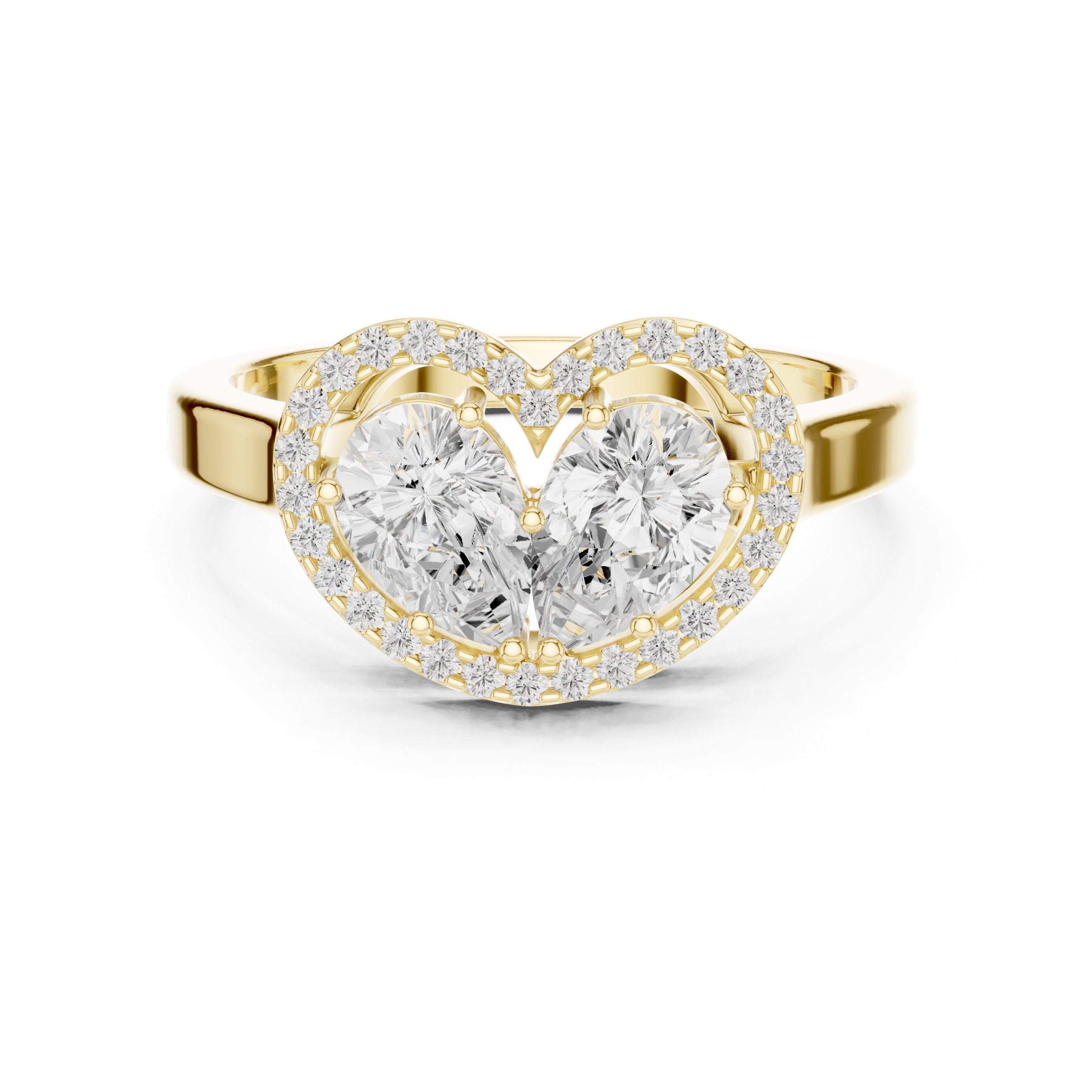 Two Pear Diamond Heart Silhouette Engagement Ring with Halo in Yellow Gold - VYKA Diamonds
