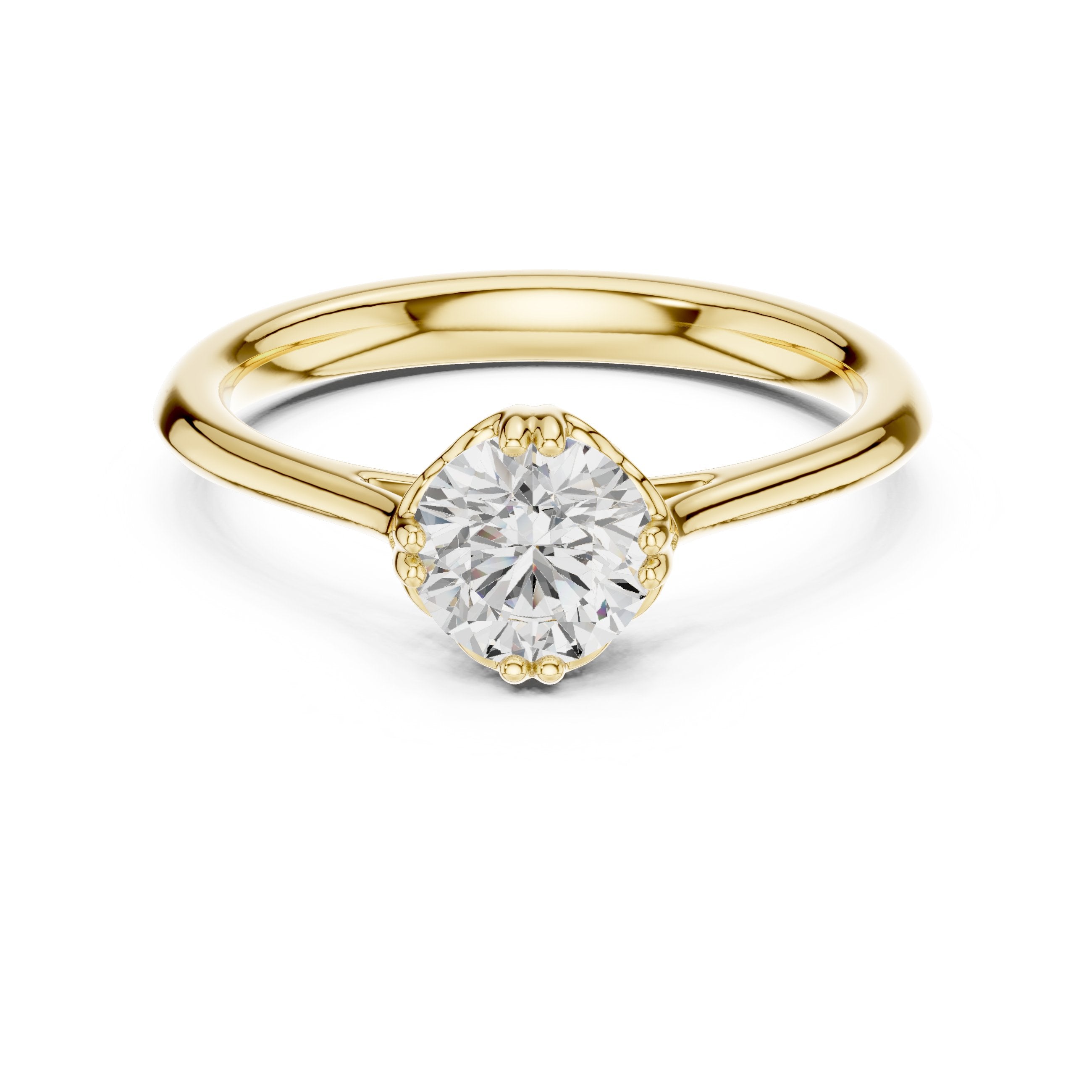 Round Diamond Six Prong Solitaire Engagement Ring with Decorative Gallery in Yellow Gold - VYKA Diamonds