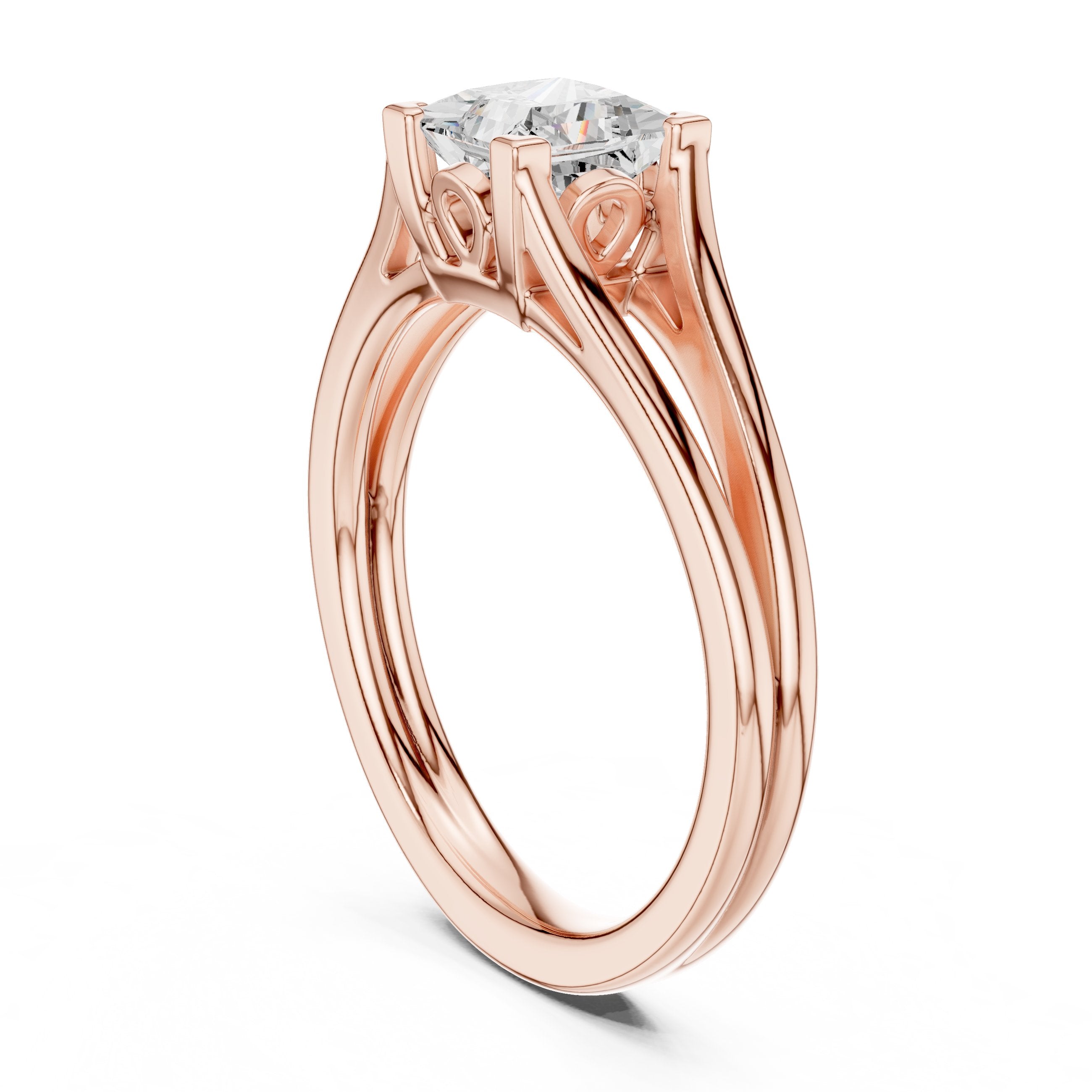 Princess Cut Double Band Split Shank Solitaire Engagement Ring in Rose Gold - VYKA Diamonds
