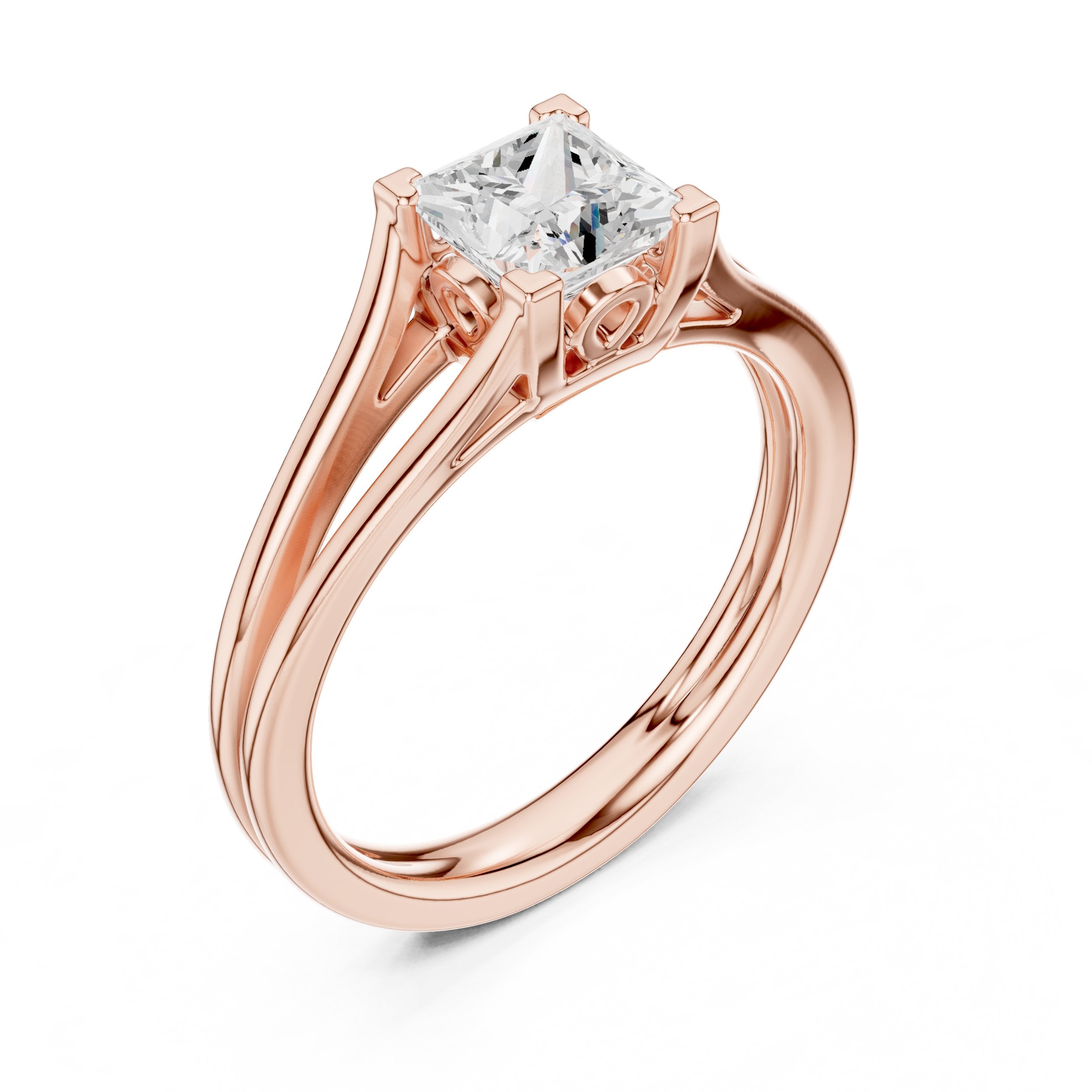 Princess Cut Double Band Split Shank Solitaire Engagement Ring in Rose Gold - VYKA Diamonds