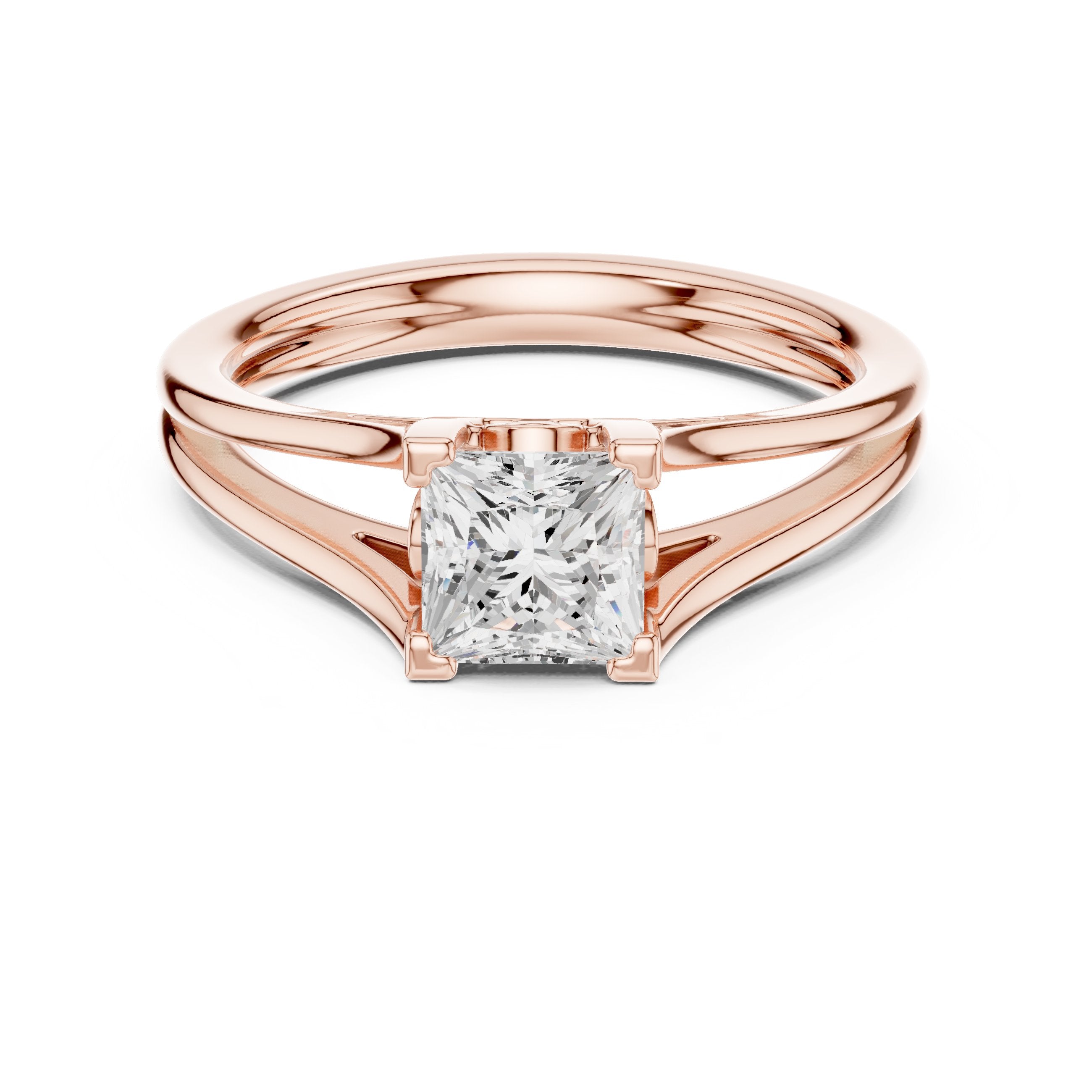 Princess Cut Double Band Split Shank Solitaire Engagement Ring in Rose Gold - VYKA Diamonds