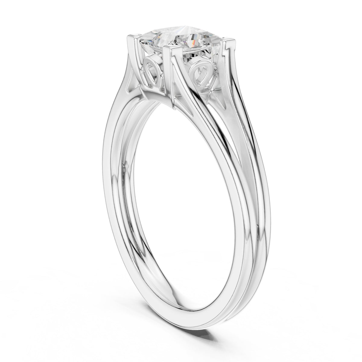 Princess Cut Double Band Split Shank Solitaire Engagement Ring
