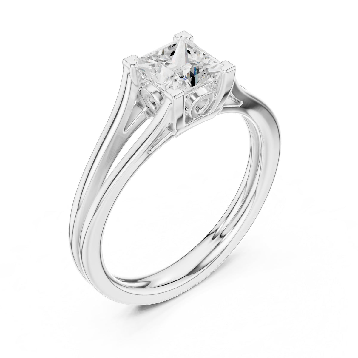 Princess Cut Double Band Split Shank Solitaire Engagement Ring