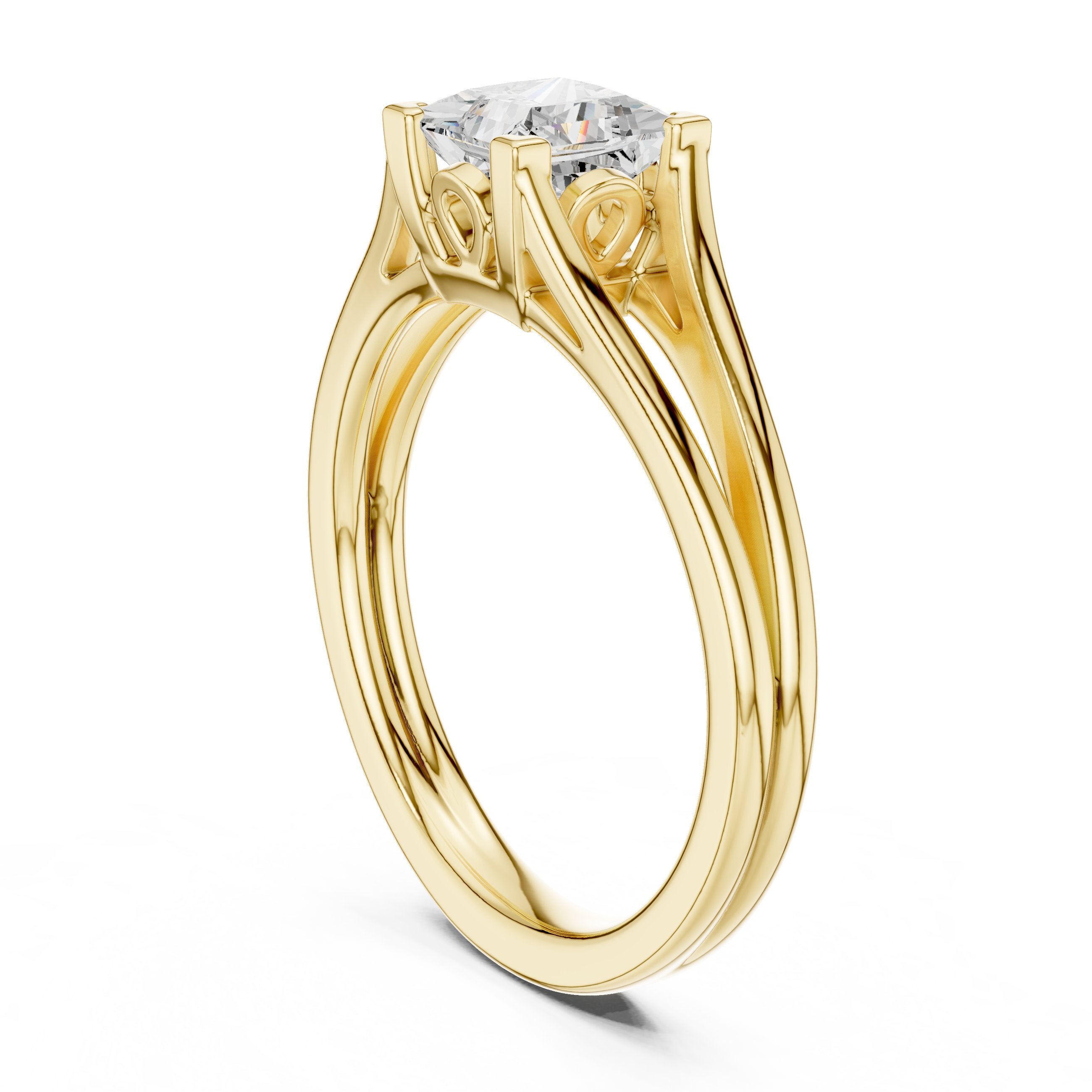 Princess Cut Double Band Split Shank Solitaire Engagement Ring in Yellow Gold - VYKA Diamonds