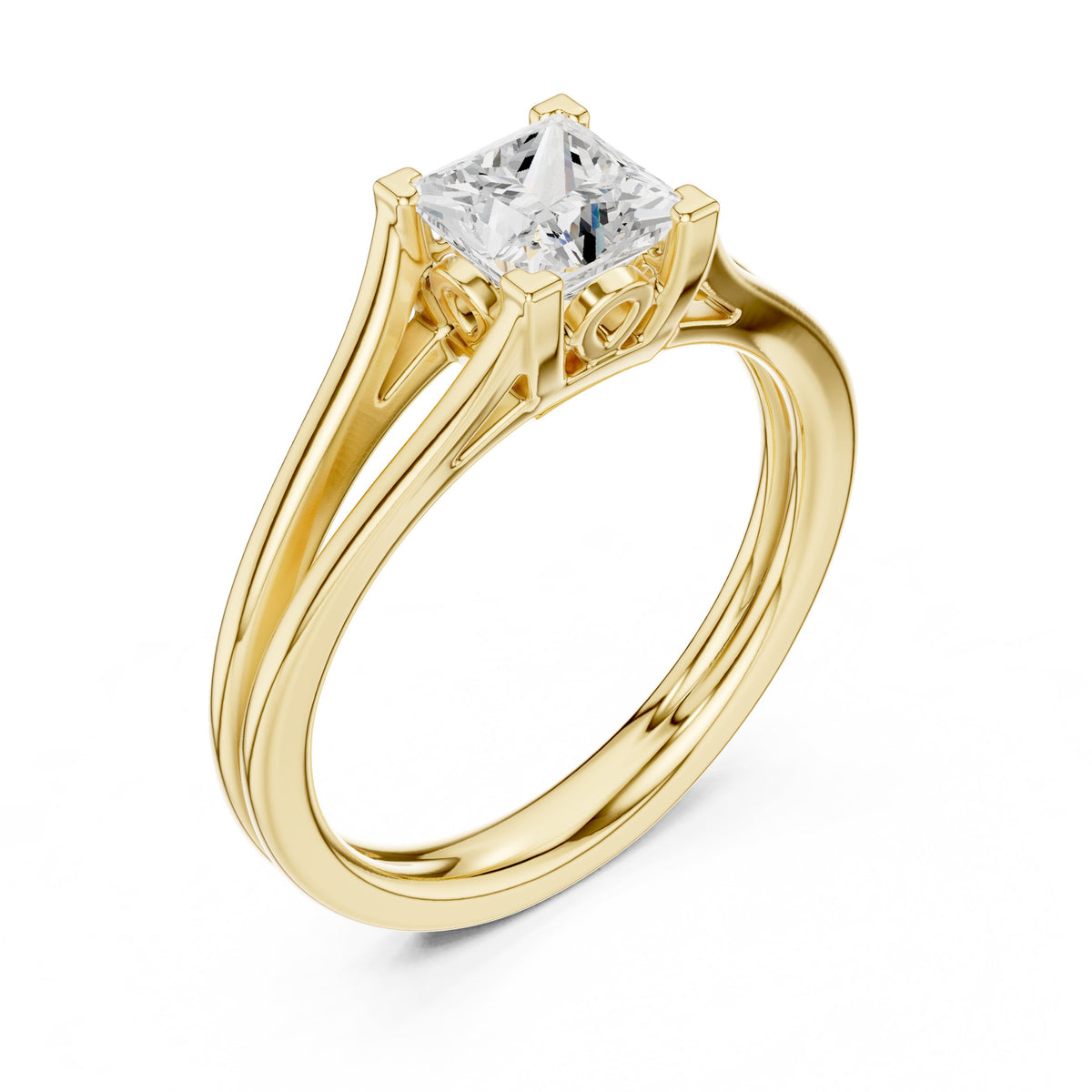 Princess Cut Double Band Split Shank Solitaire Engagement Ring