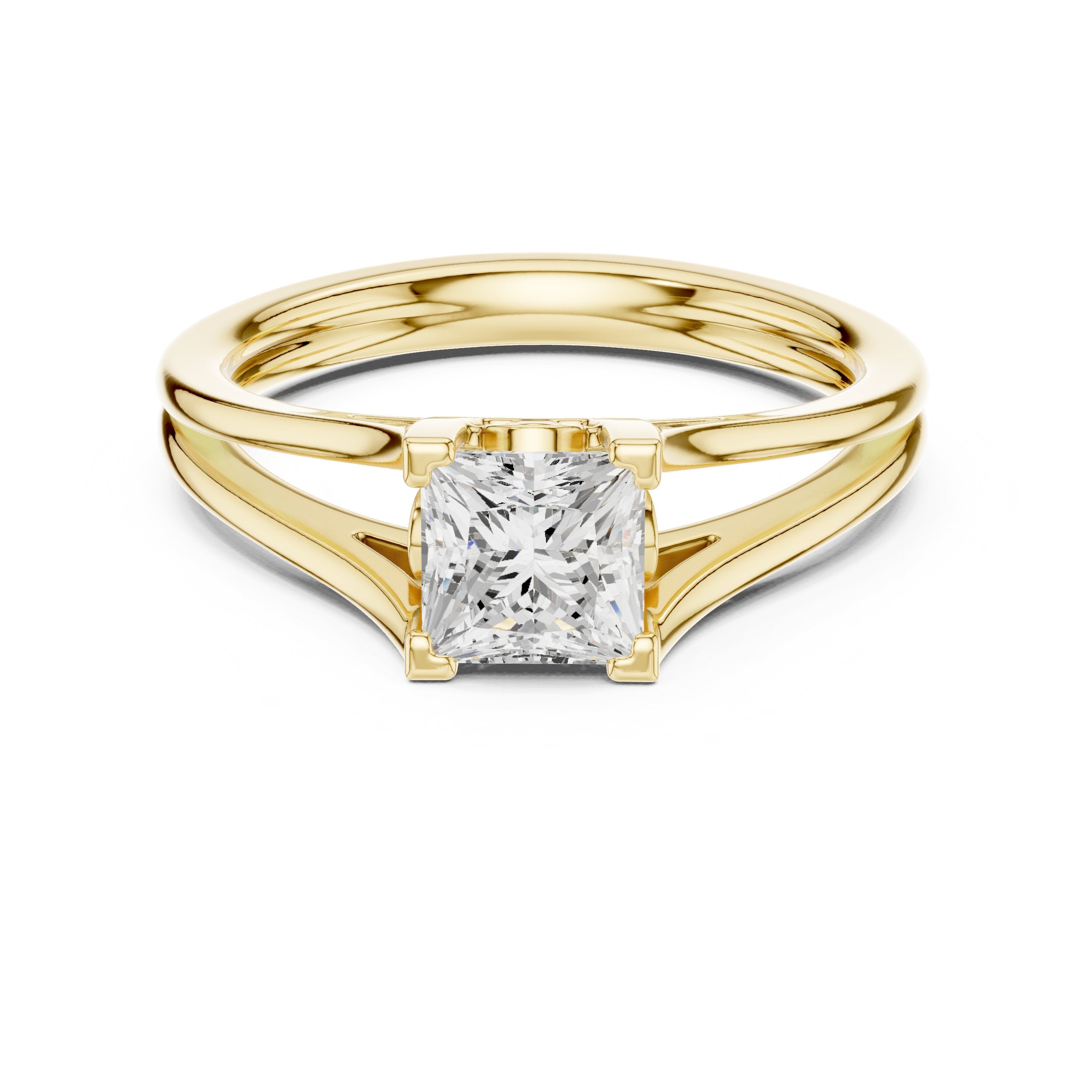 Princess Cut Double Band Split Shank Solitaire Engagement Ring in Yellow Gold - VYKA Diamonds