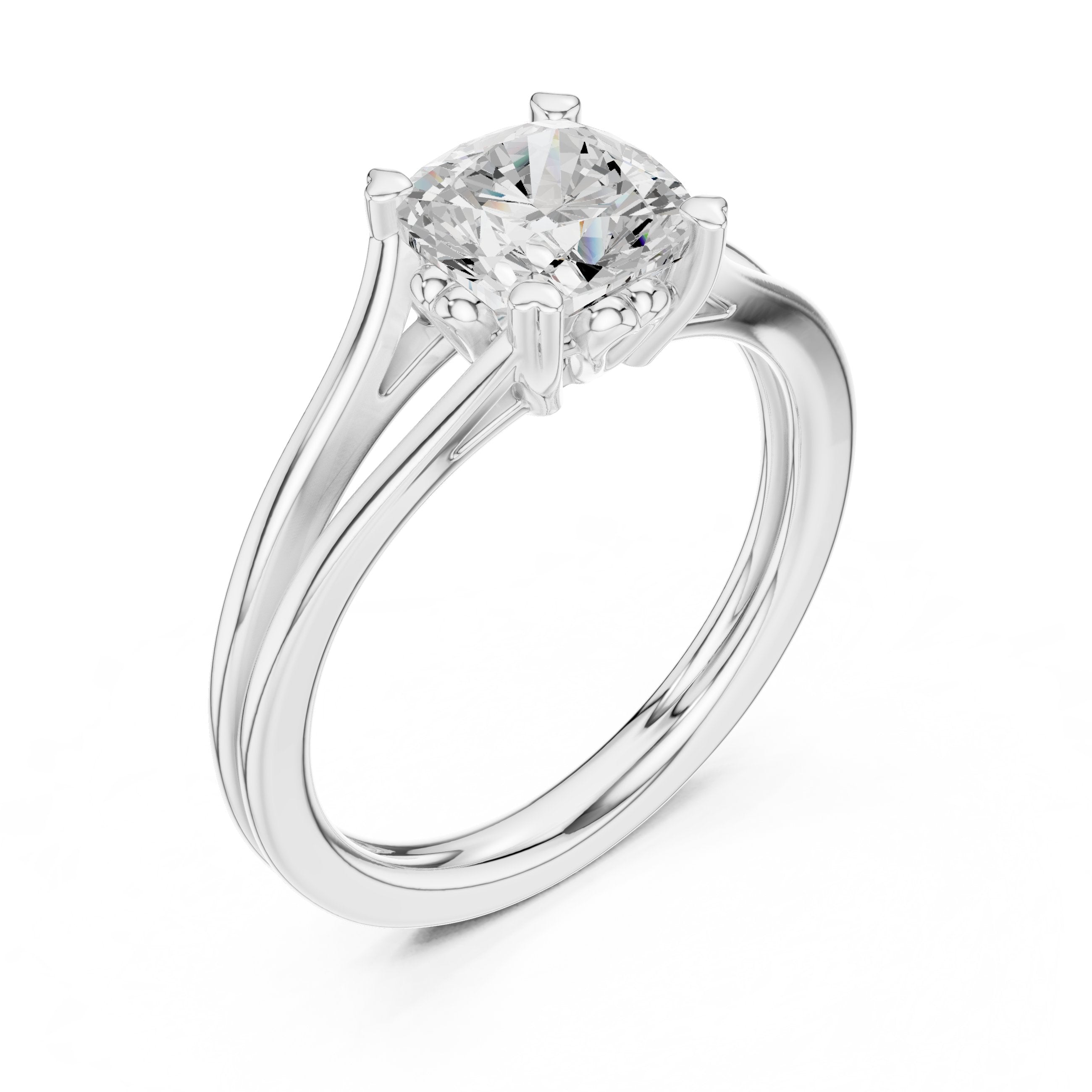 Cushion Cut Double Band Split Shank Solitaire Engagement Ring in White Gold - VYKA Diamonds