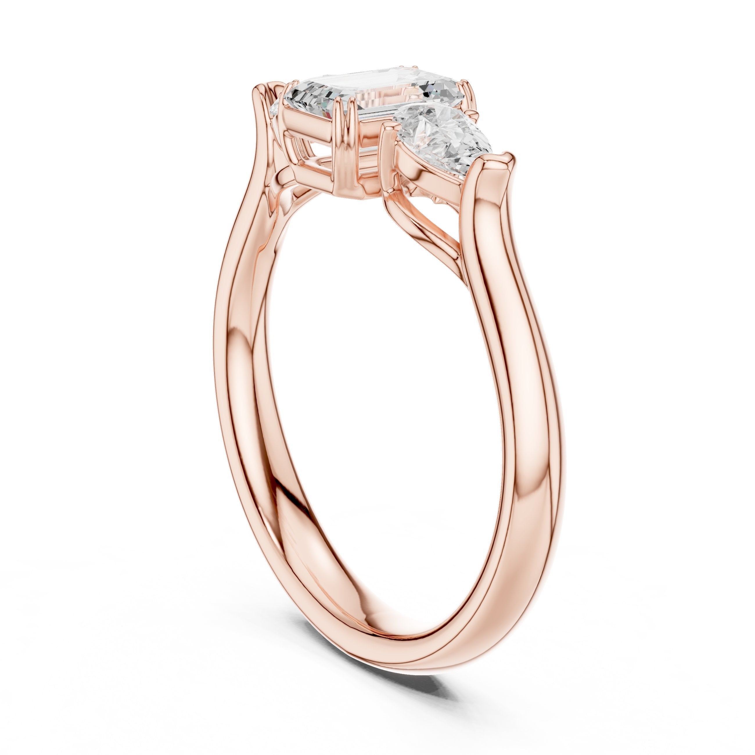 Emerald Cut Three Stone Engagement Ring with Pear Sides in Rose Gold - VYKA Diamonds