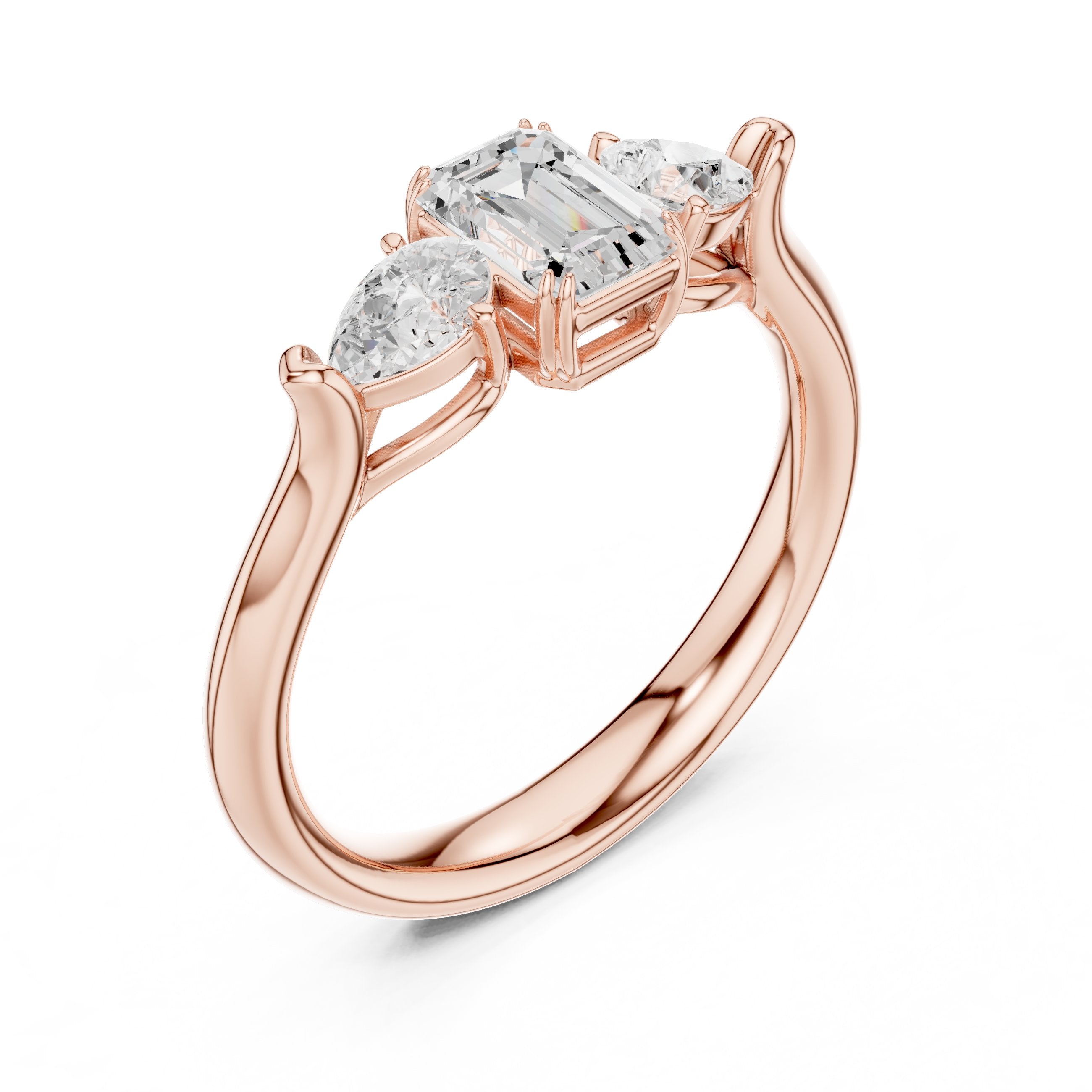 Emerald Cut Three Stone Engagement Ring with Pear Sides in Rose Gold - VYKA Diamonds