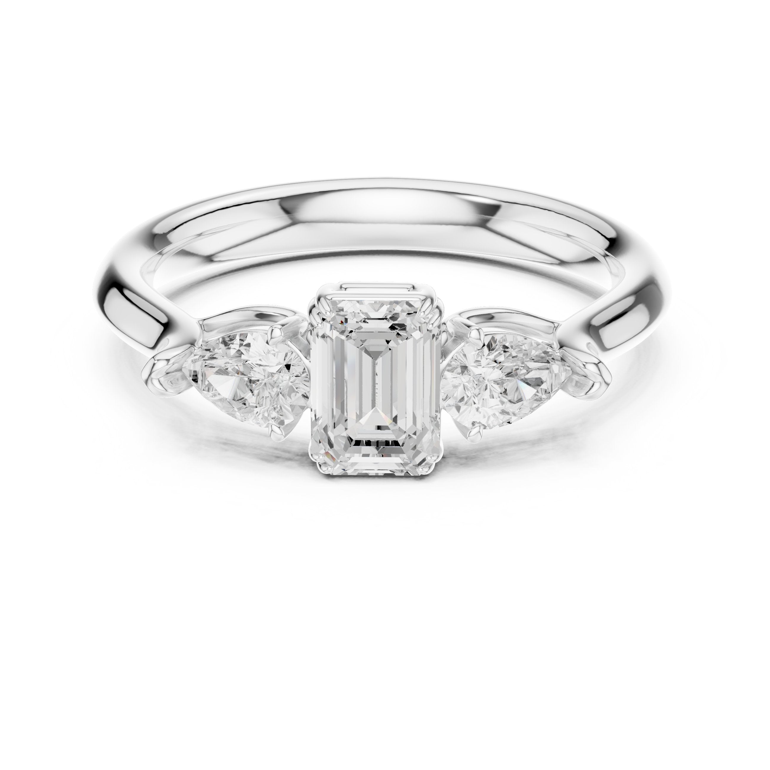 Emerald Cut Three Stone Engagement Ring with Pear Sides in White Gold - VYKA Diamonds
