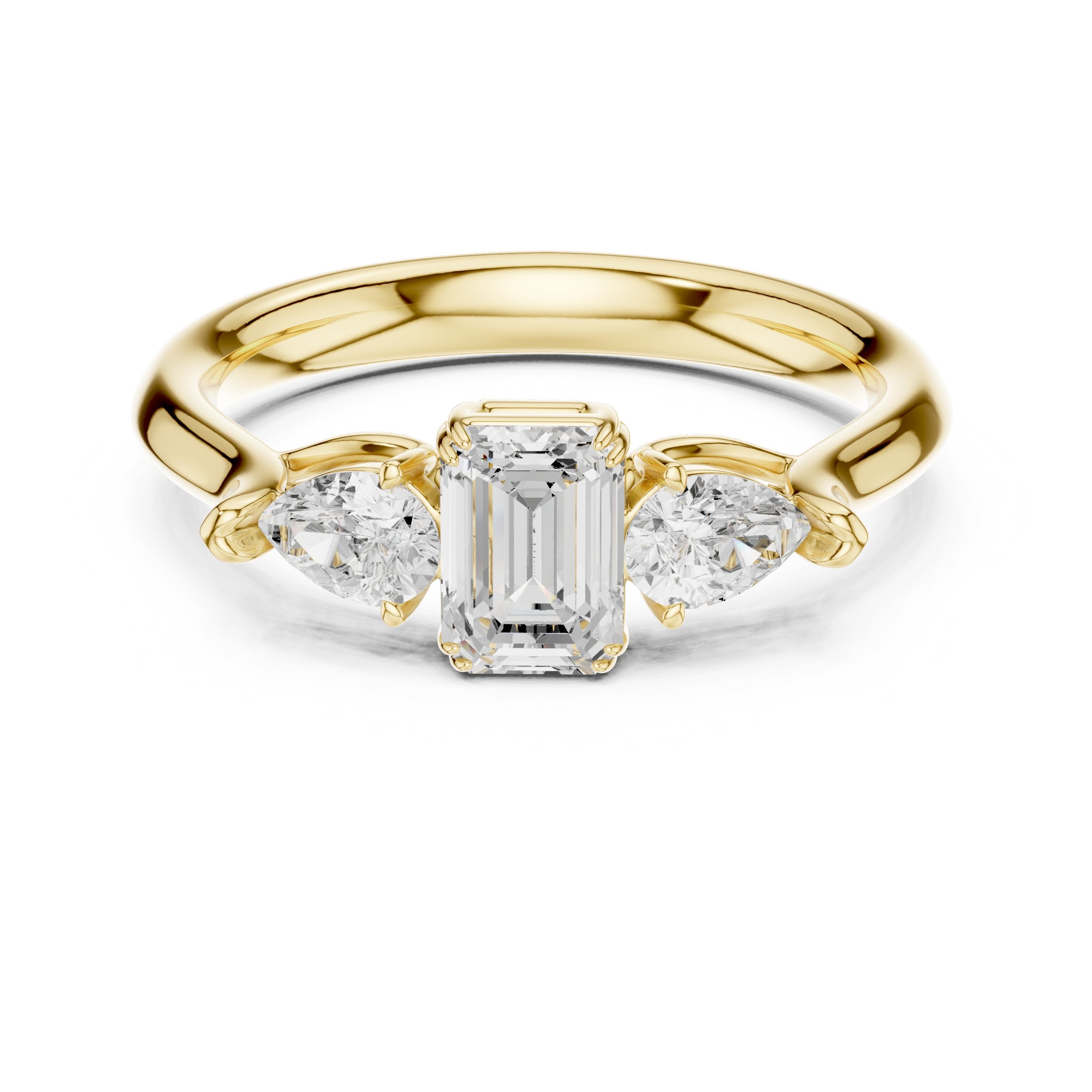 Emerald Cut Three Stone Engagement Ring with Pear Sides in Yellow Gold - VYKA Diamonds