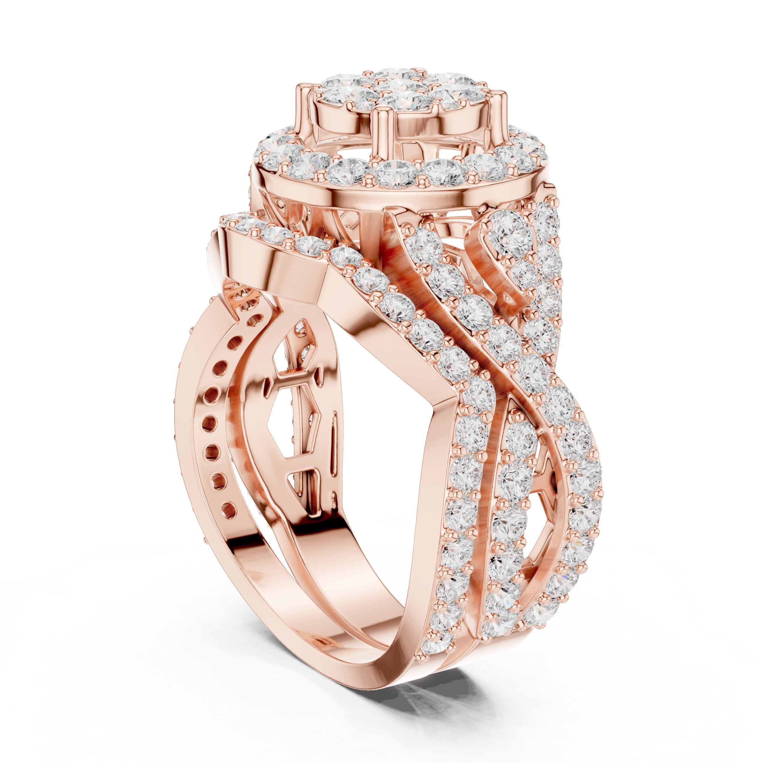 Round Diamond Cluster Halo Statement Engagement Ring with Floral Pavé Sides in Rose Gold - VYKA Diamonds