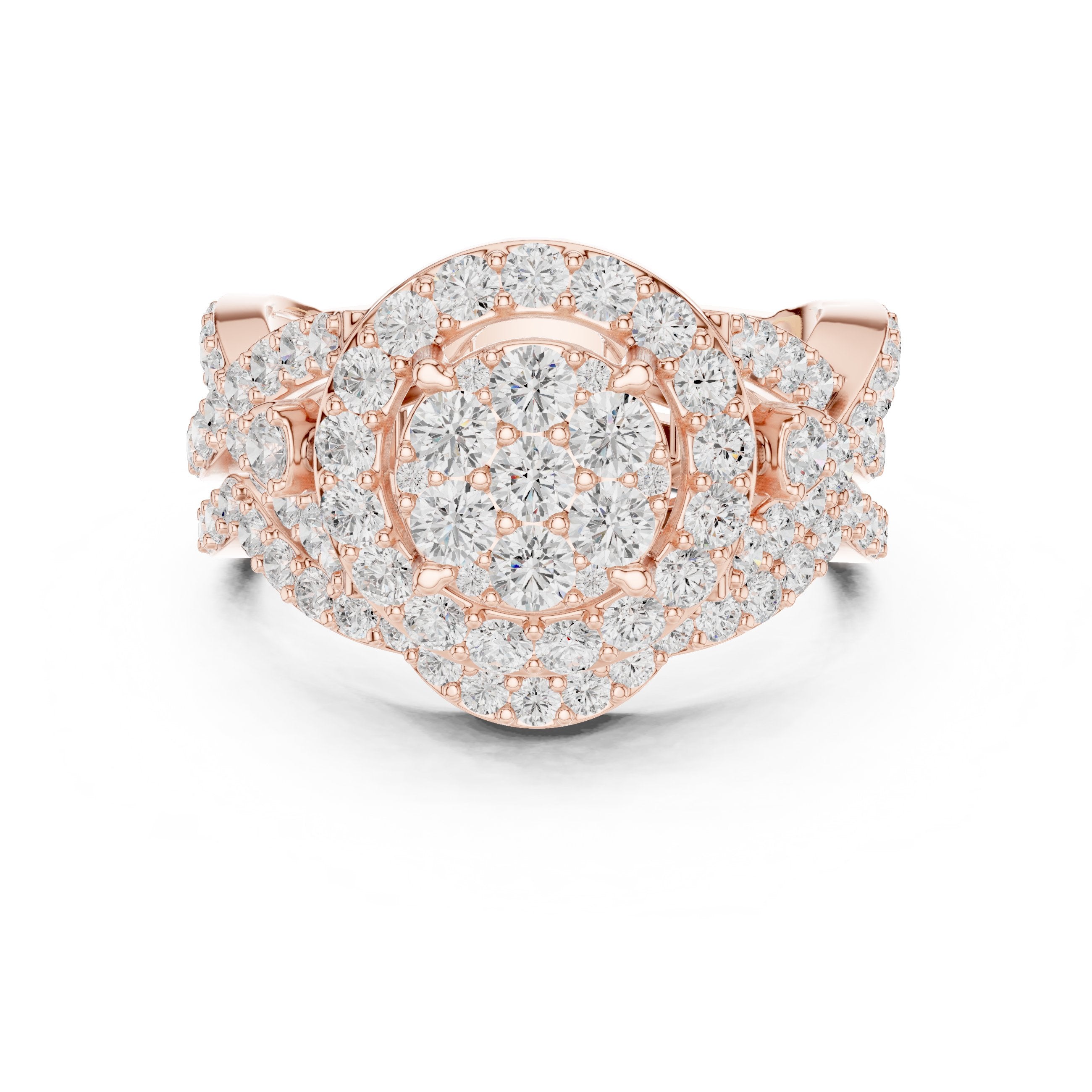 Round Diamond Cluster Halo Statement Engagement Ring with Floral Pavé Sides in Rose Gold - VYKA Diamonds