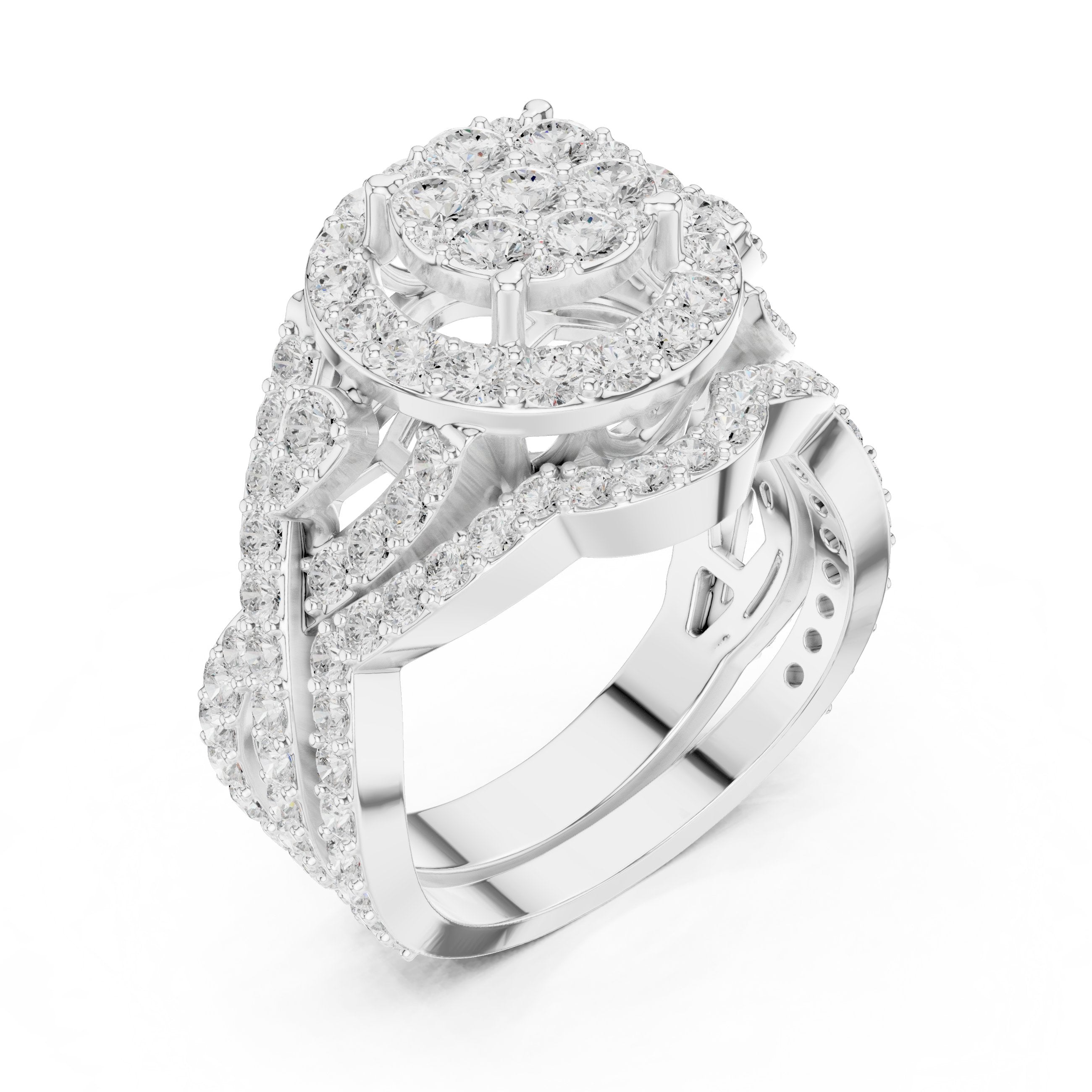 Round Diamond Cluster Halo Statement Engagement Ring with Floral Pavé Sides in White Gold - VYKA Diamonds