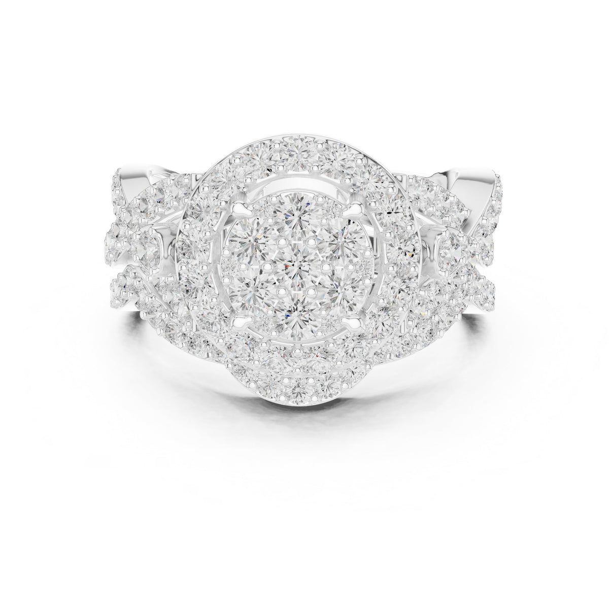 Round Diamond Cluster Halo Statement Engagement Ring with Floral Pavé Sides