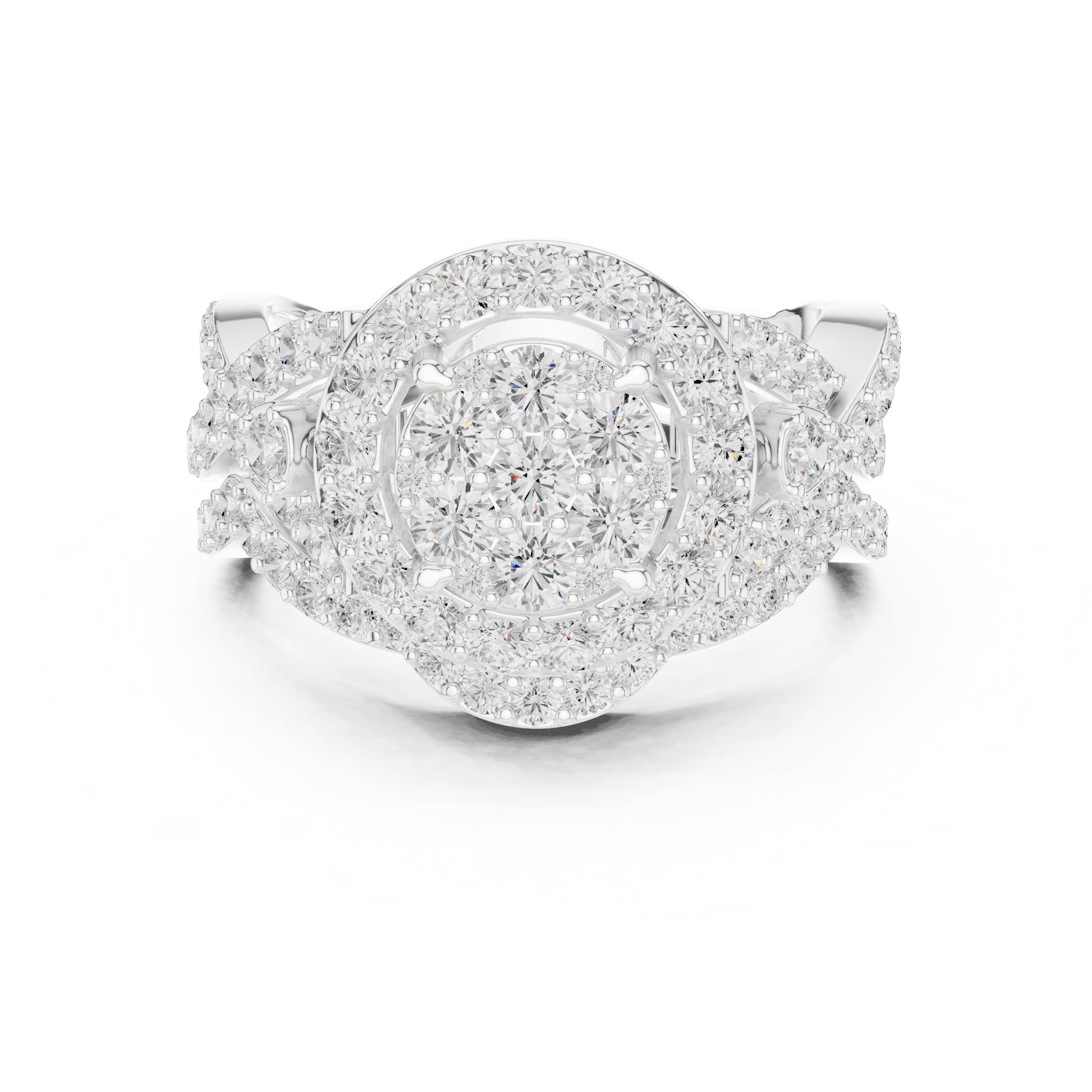 Round Diamond Cluster Halo Statement Engagement Ring with Floral Pavé Sides in White Gold - VYKA Diamonds