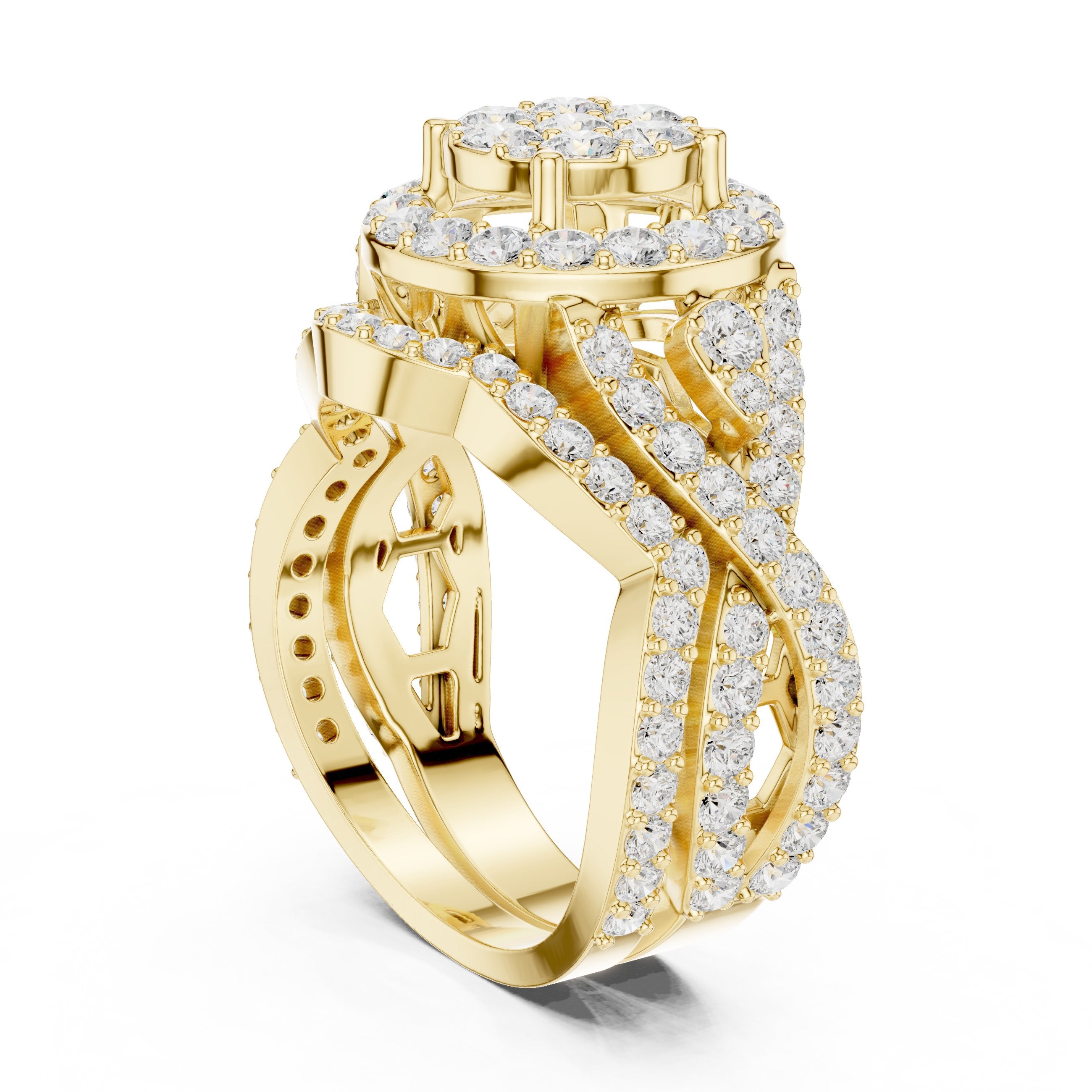 Round Diamond Cluster Halo Statement Engagement Ring with Floral Pavé Sides in Yellow Gold - VYKA Diamonds