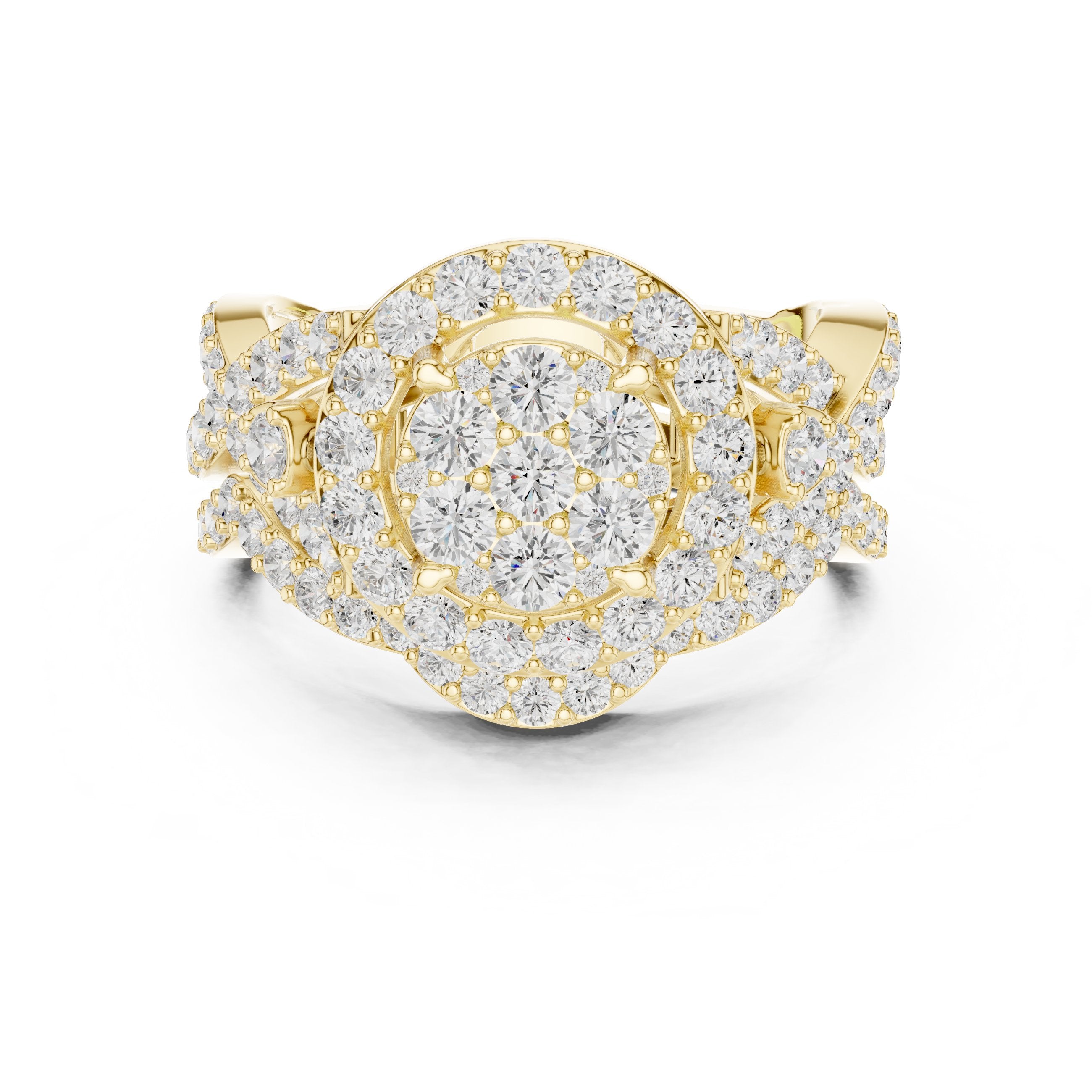 Round Diamond Cluster Halo Statement Engagement Ring with Floral Pavé Sides in Yellow Gold - VYKA Diamonds