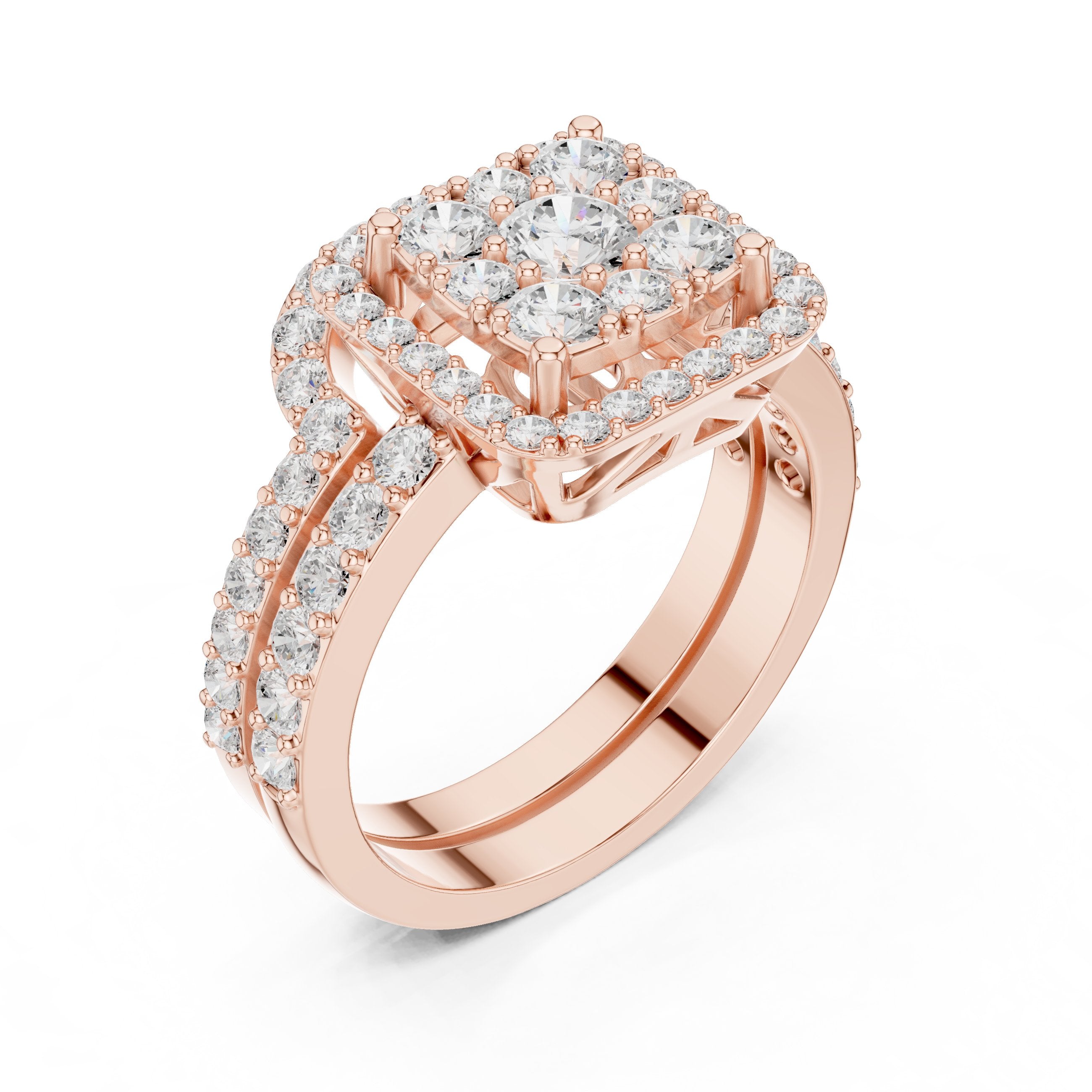 Round Diamond Cushion Cluster Halo Statement Engagement Ring with Split Shank Pavé Band in Rose Gold - VYKA Diamonds