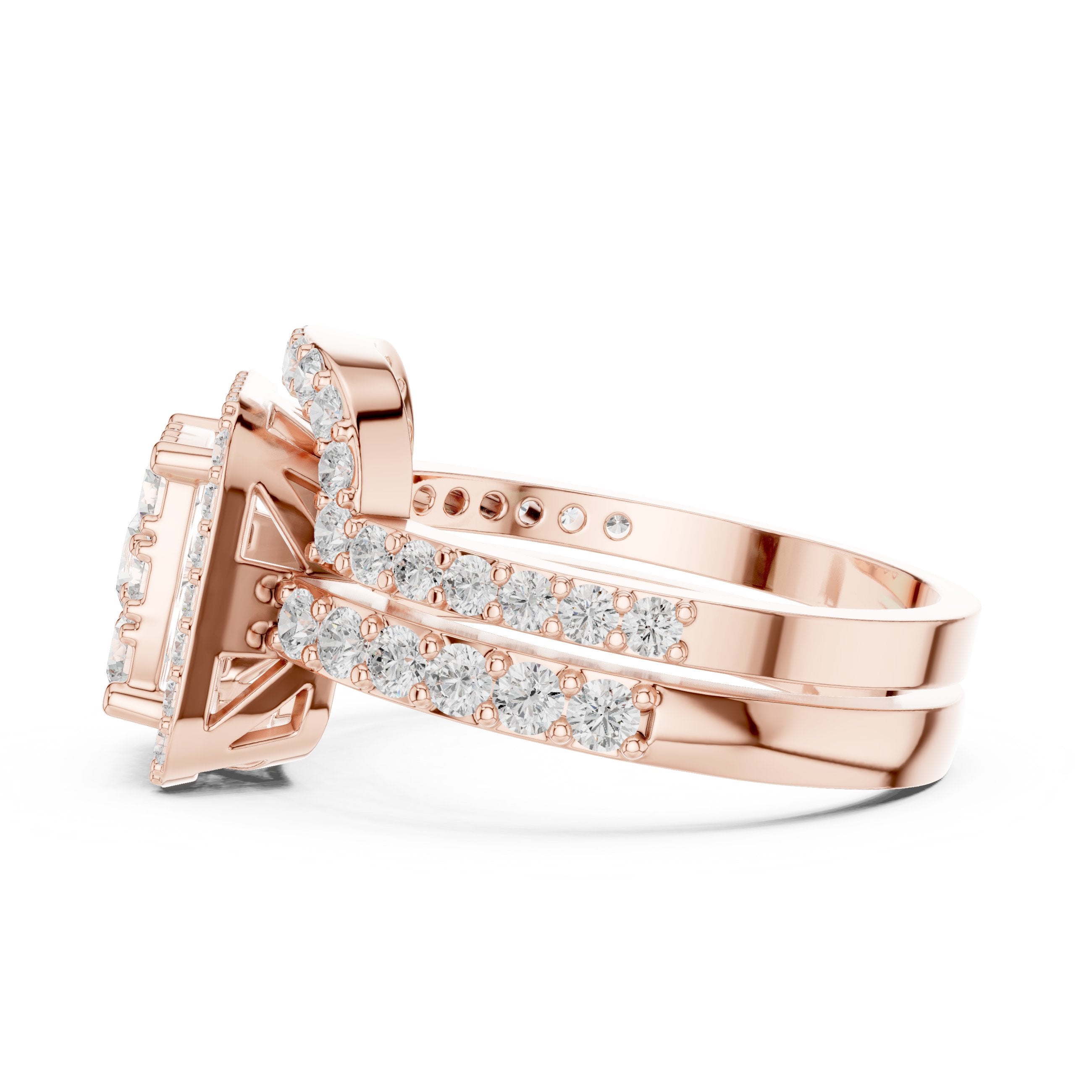 Round Diamond Cushion Cluster Halo Statement Engagement Ring with Split Shank Pavé Band in Rose Gold - VYKA Diamonds