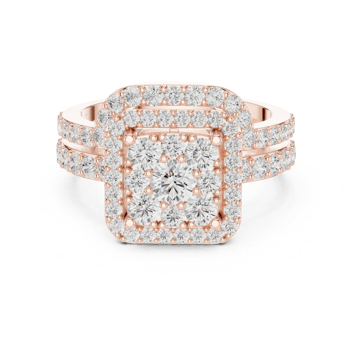 Round Diamond Cushion Cluster Halo Statement Engagement Ring with Split Shank Pavé Band