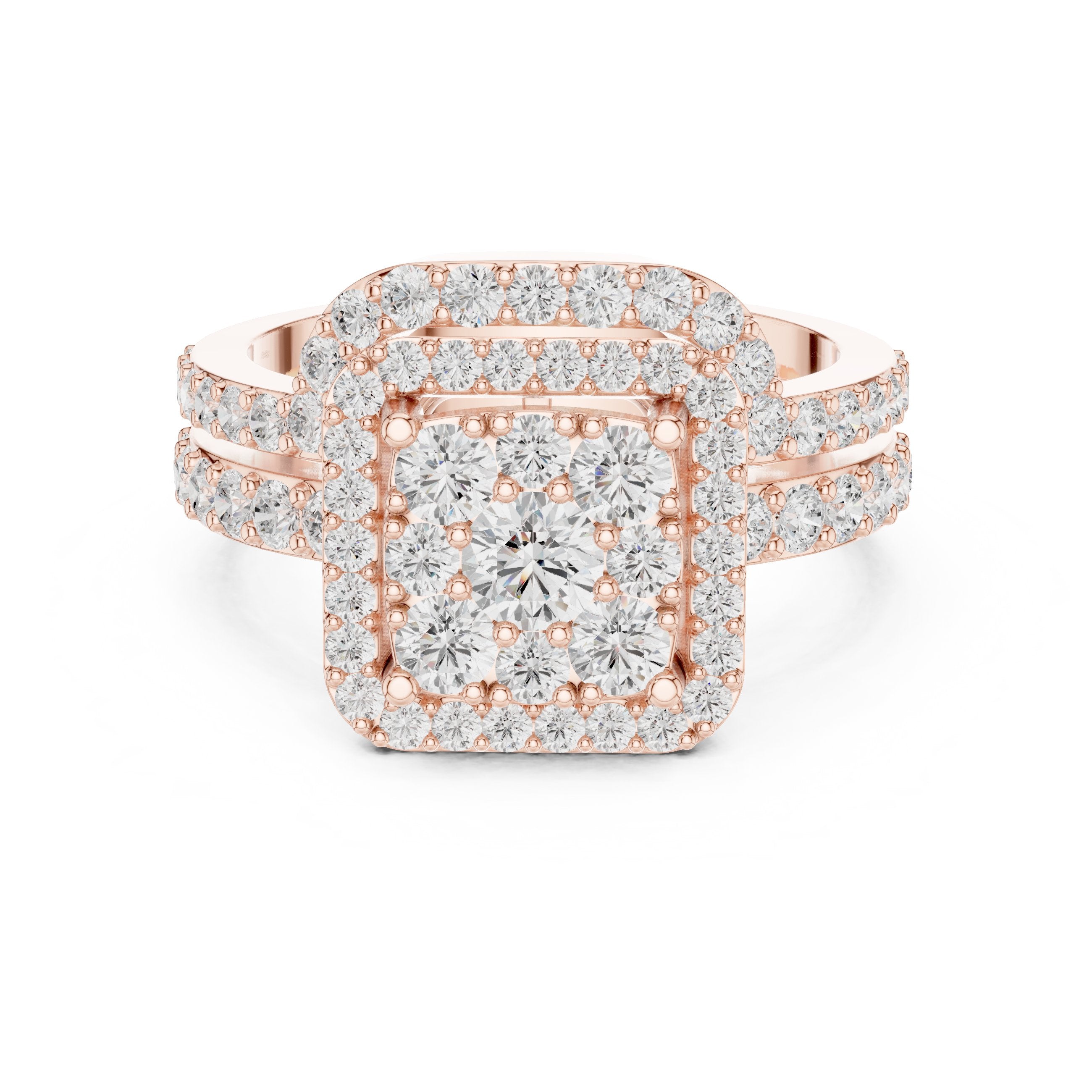 Round Diamond Cushion Cluster Halo Statement Engagement Ring with Split Shank Pavé Band in Rose Gold - VYKA Diamonds