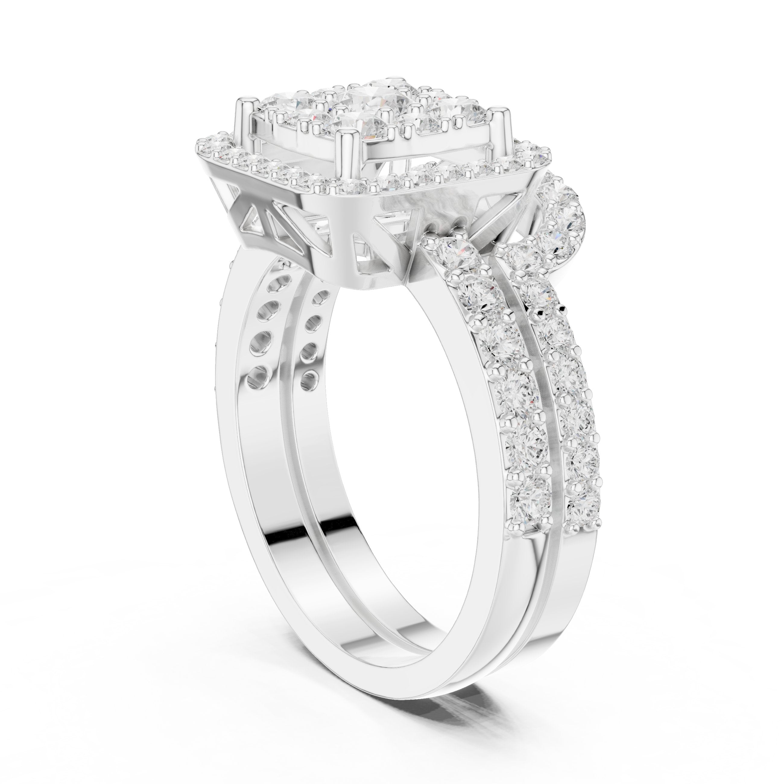 Round Diamond Cushion Cluster Halo Statement Engagement Ring with Split Shank Pavé Band in White Gold - VYKA Diamonds