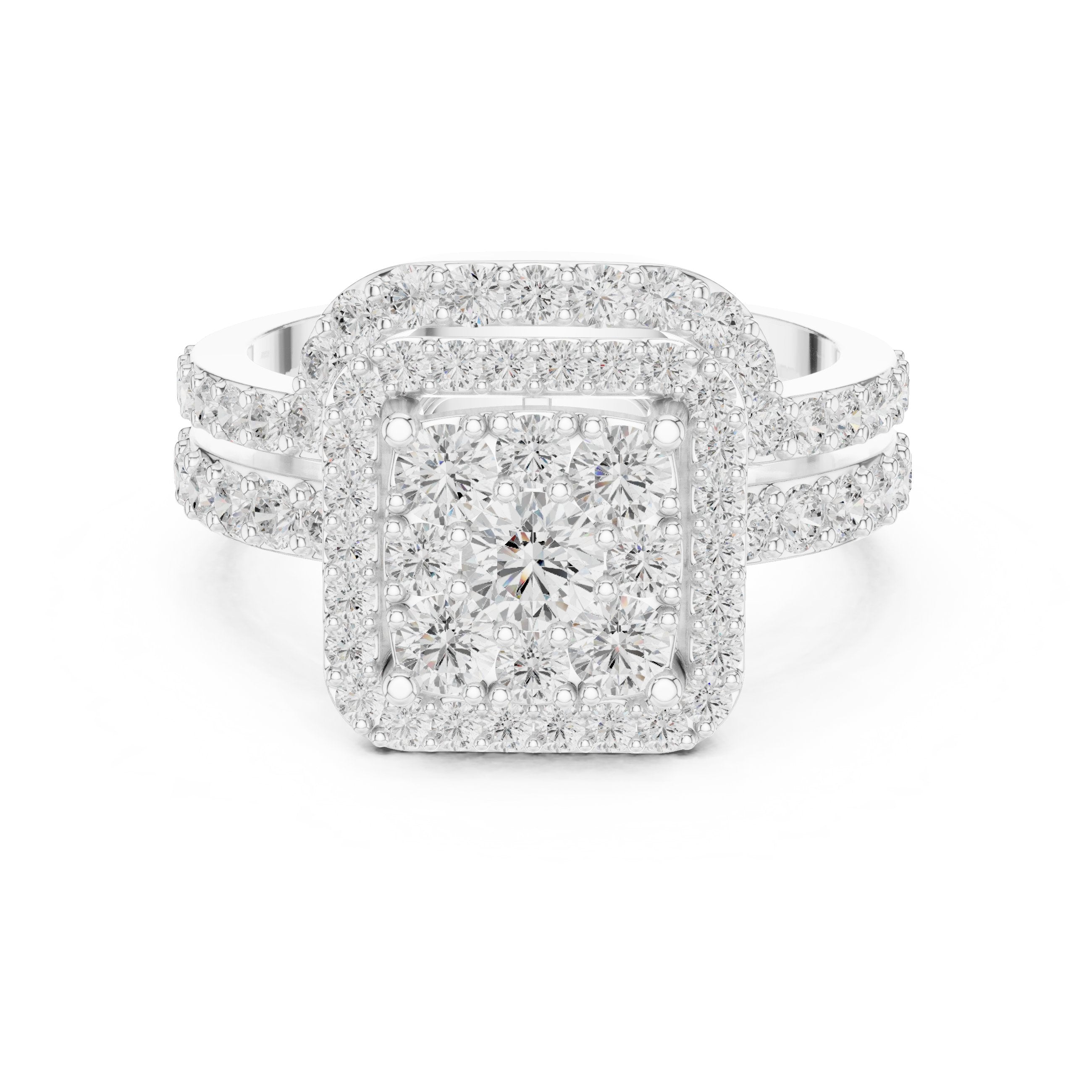 Round Diamond Cushion Cluster Halo Statement Engagement Ring with Split Shank Pavé Band in White Gold - VYKA Diamonds