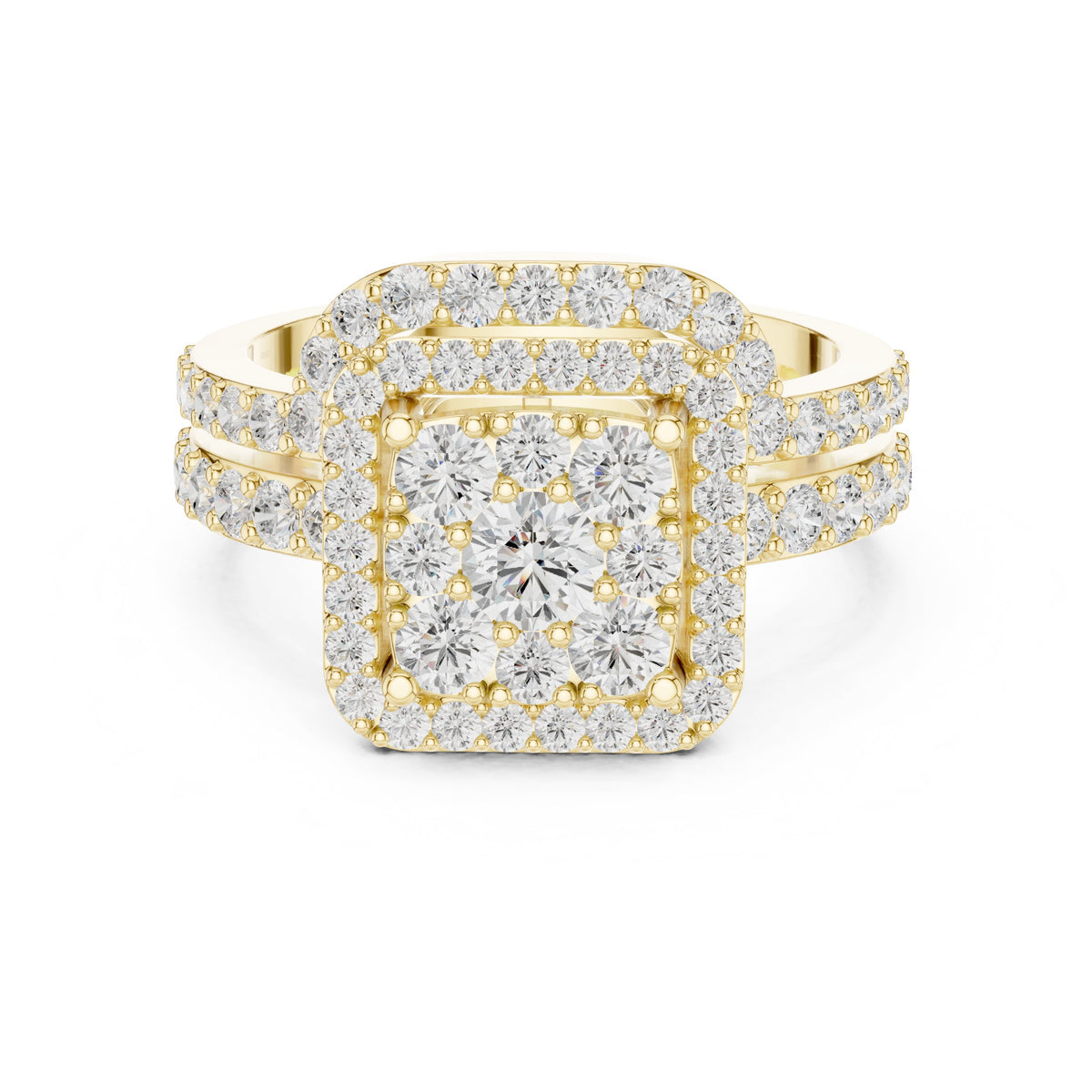 Round Diamond Cushion Cluster Halo Statement Engagement Ring with Split Shank Pavé Band