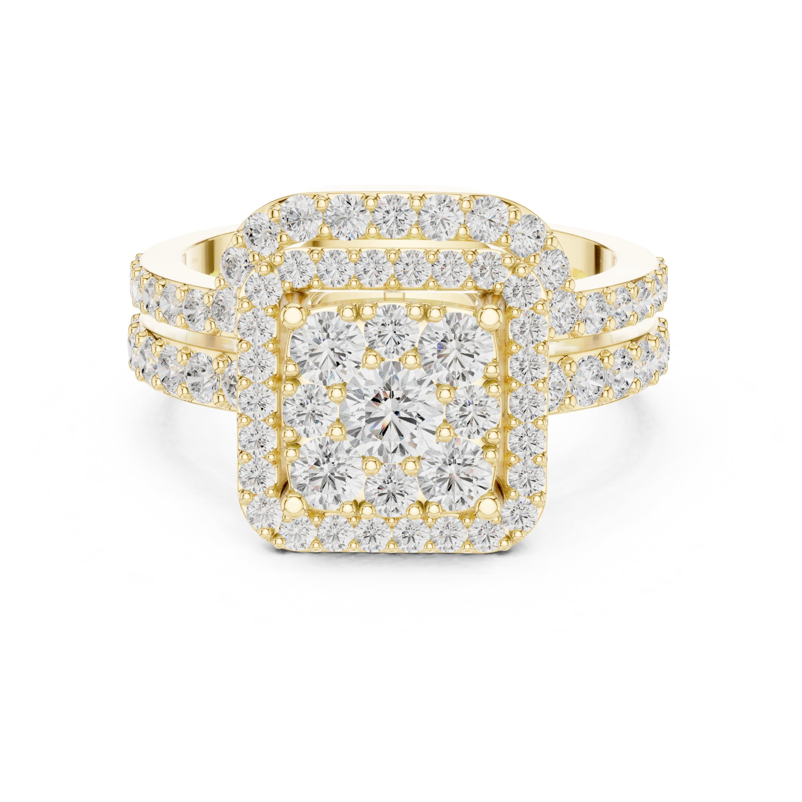 Round Diamond Cushion Cluster Halo Statement Engagement Ring with Split Shank Pavé Band in Yellow Gold - VYKA Diamonds