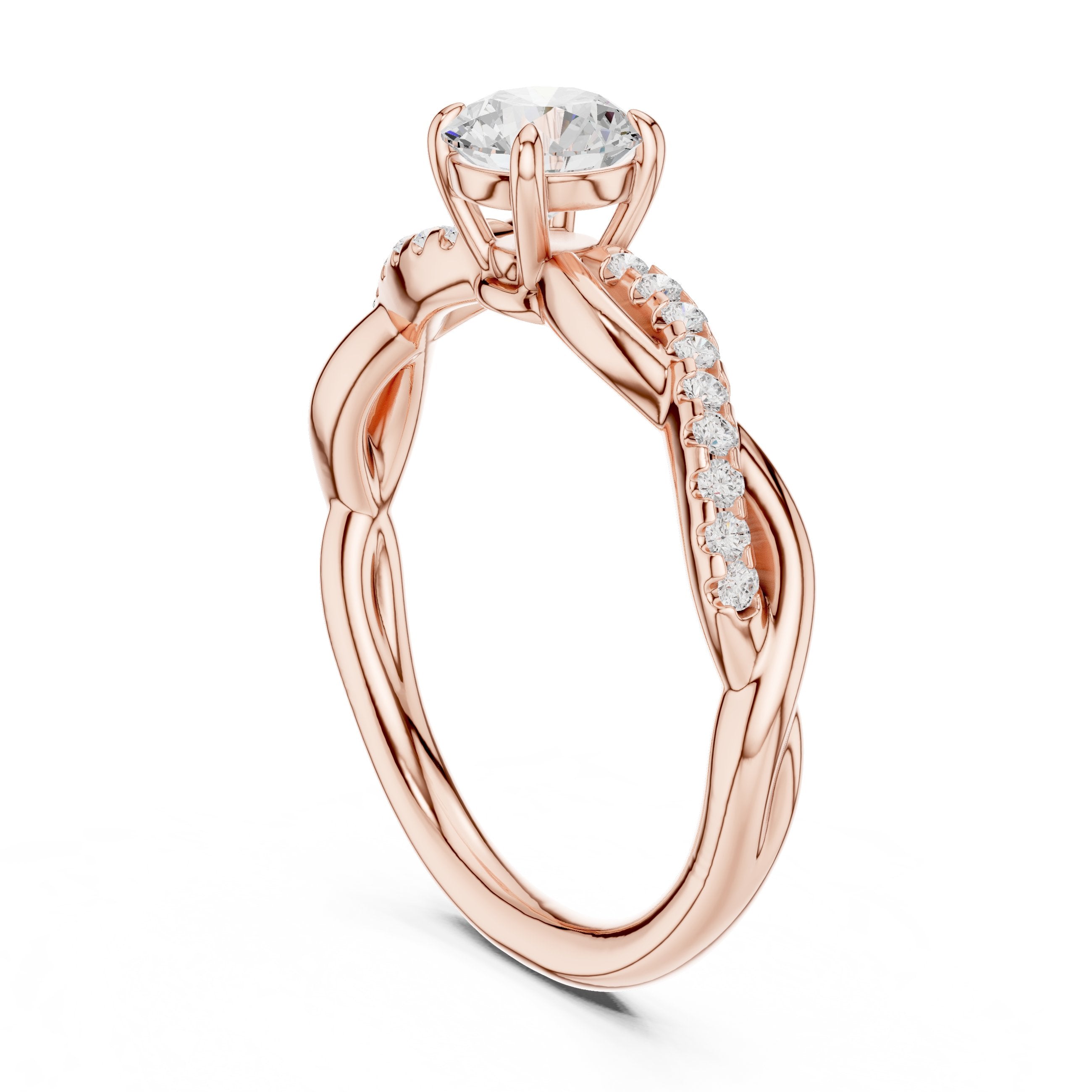 خاتم خطوبة بألماس مستدير وساق كرمي ملتوٍ بالبافيه in Rose Gold - VYKA Diamonds