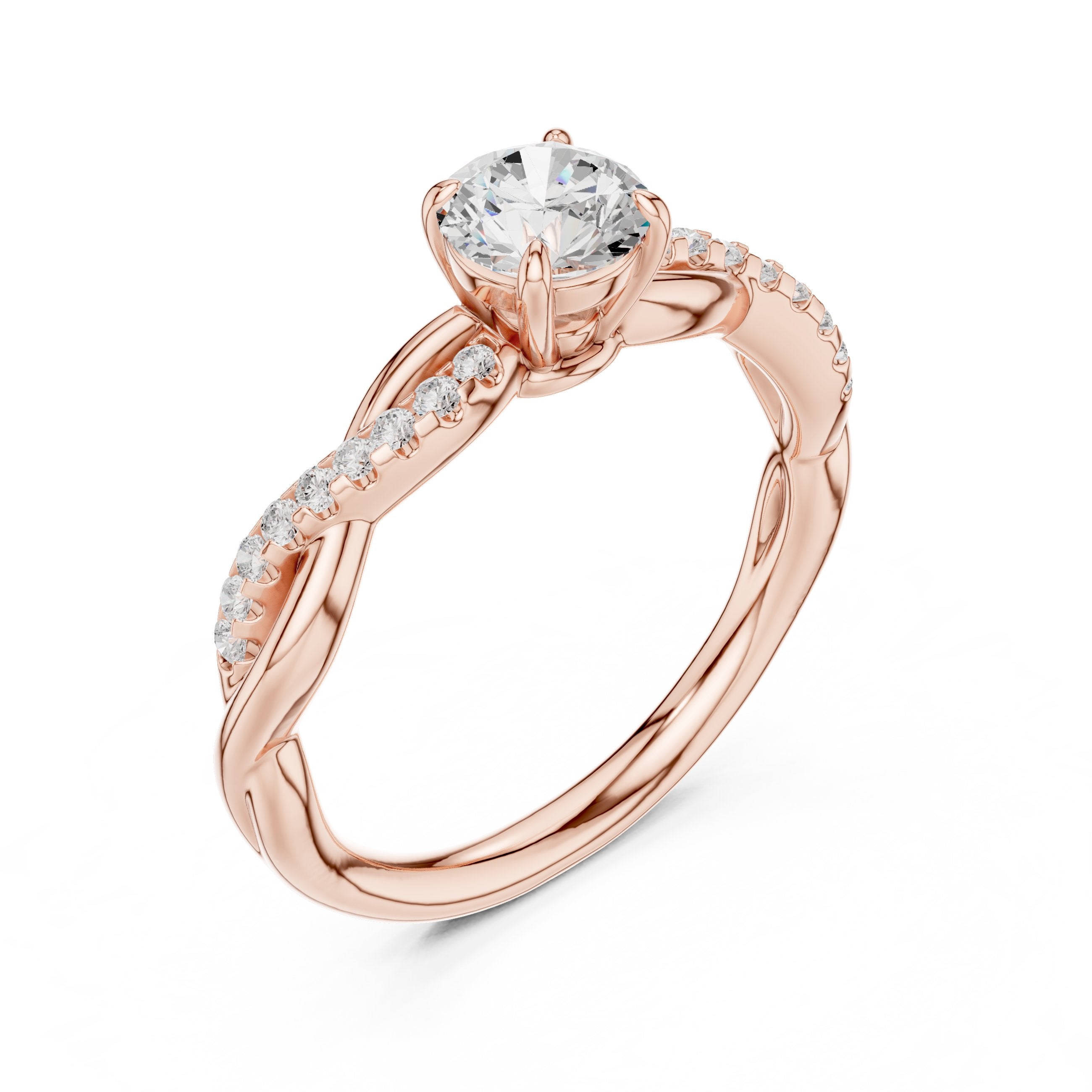 خاتم خطوبة بألماس مستدير وساق كرمي ملتوٍ بالبافيه in Rose Gold - VYKA Diamonds