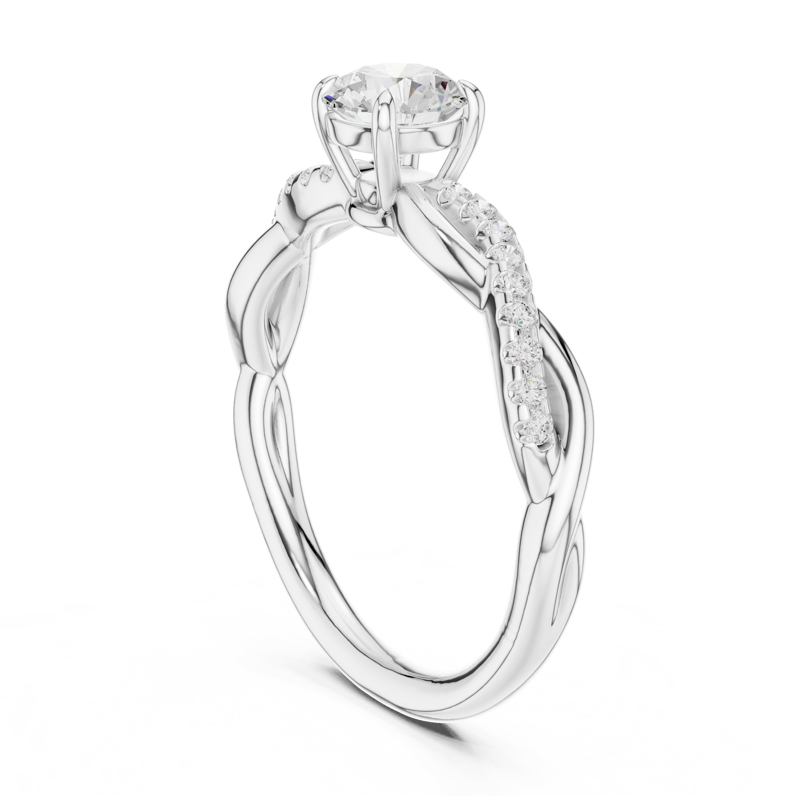 خاتم خطوبة بألماس مستدير وساق كرمي ملتوٍ بالبافيه in White Gold - VYKA Diamonds