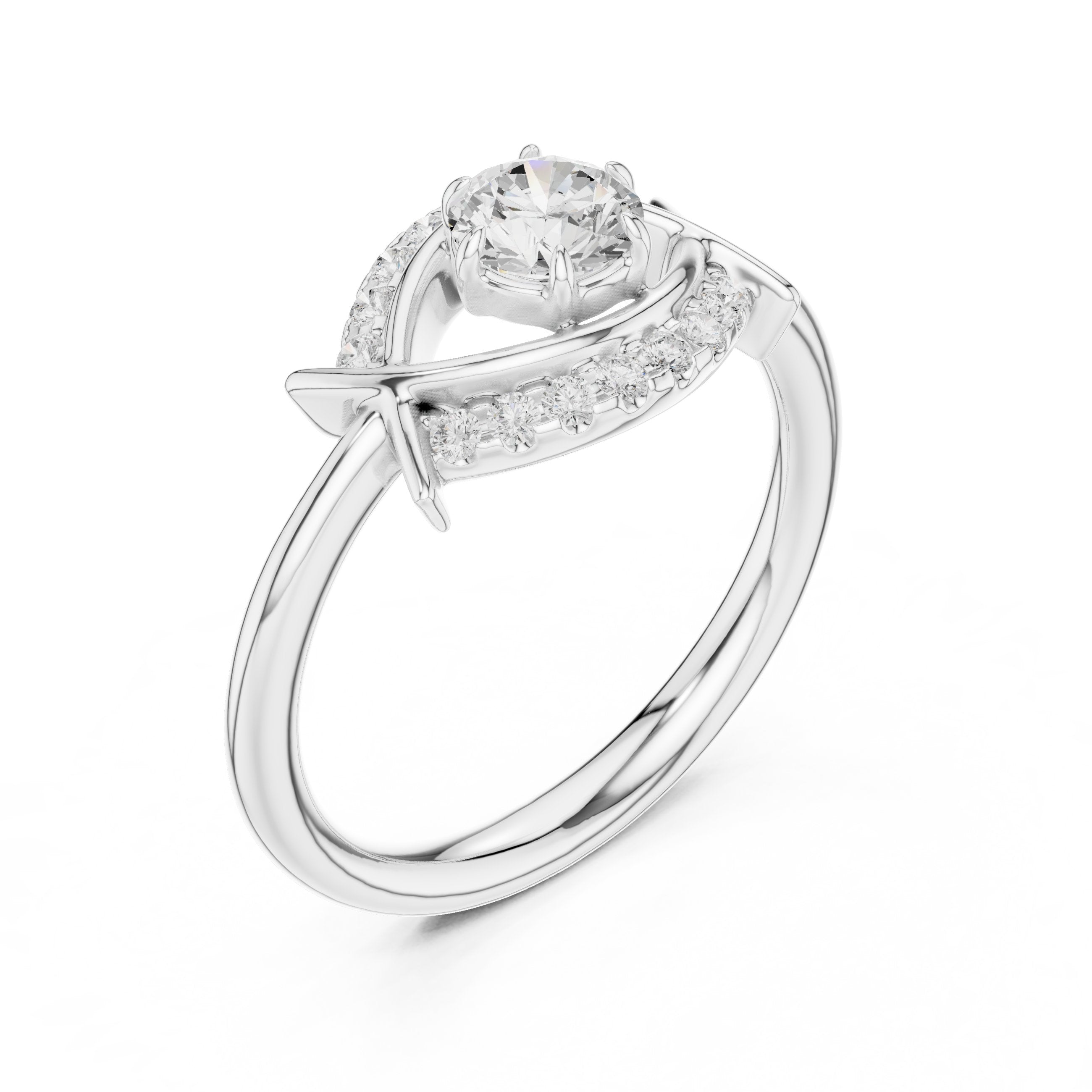 Round Diamond Constellation Engagement Ring with Pavé Arches in White Gold - VYKA Diamonds