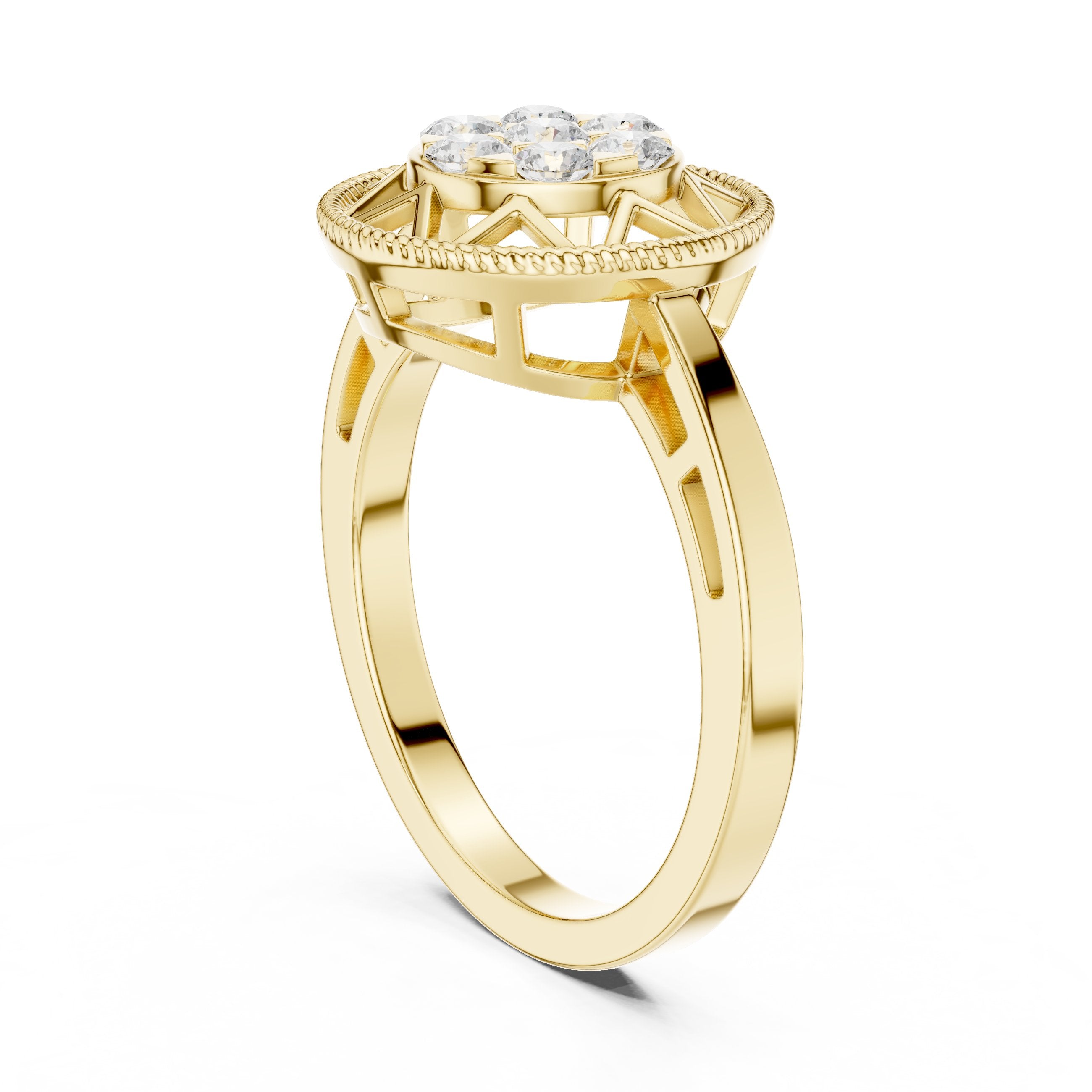 Round Diamond Cluster Caged Halo Engagement Ring in Yellow Gold - VYKA Diamonds
