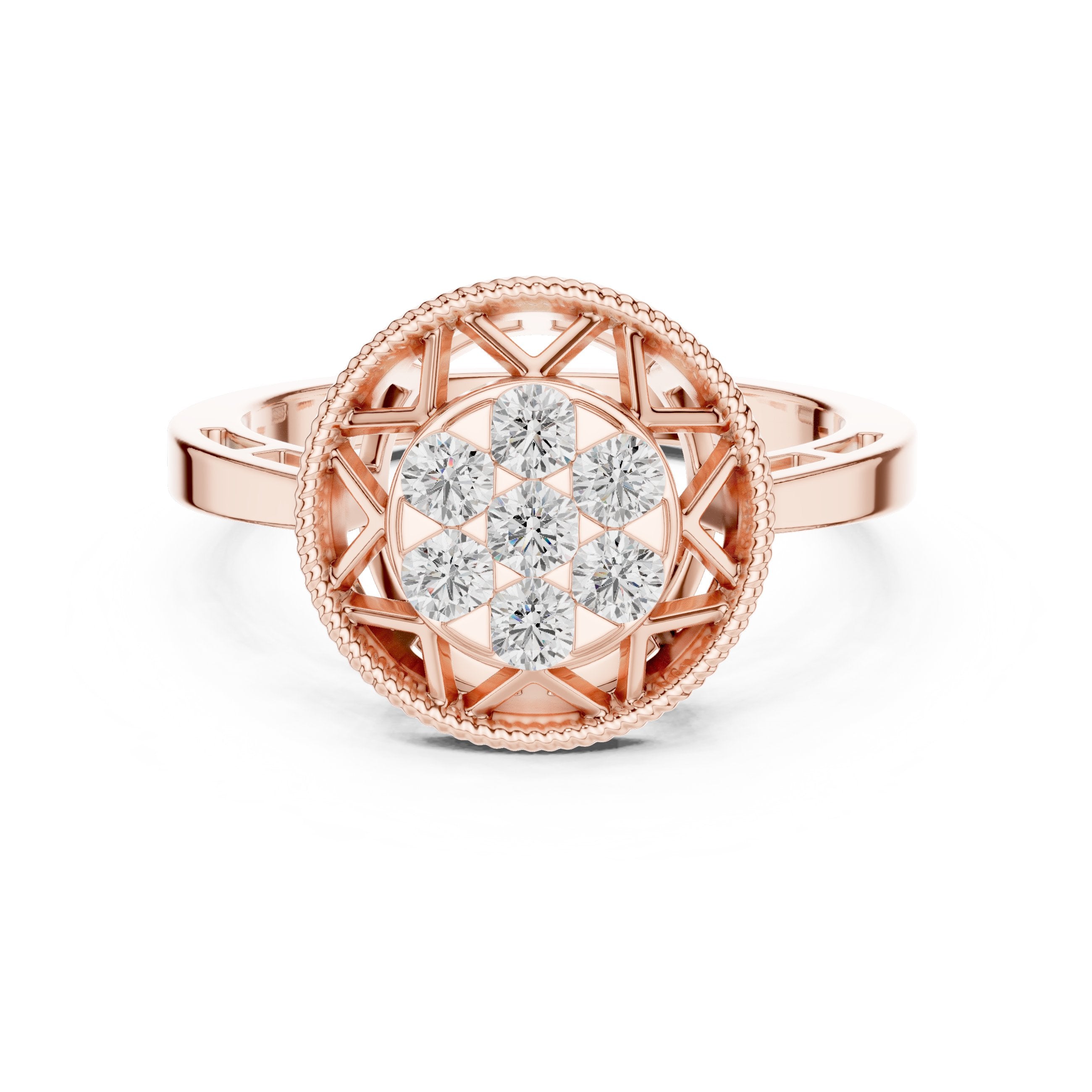 Round Diamond Cluster Caged Halo Engagement Ring in Rose Gold - VYKA Diamonds