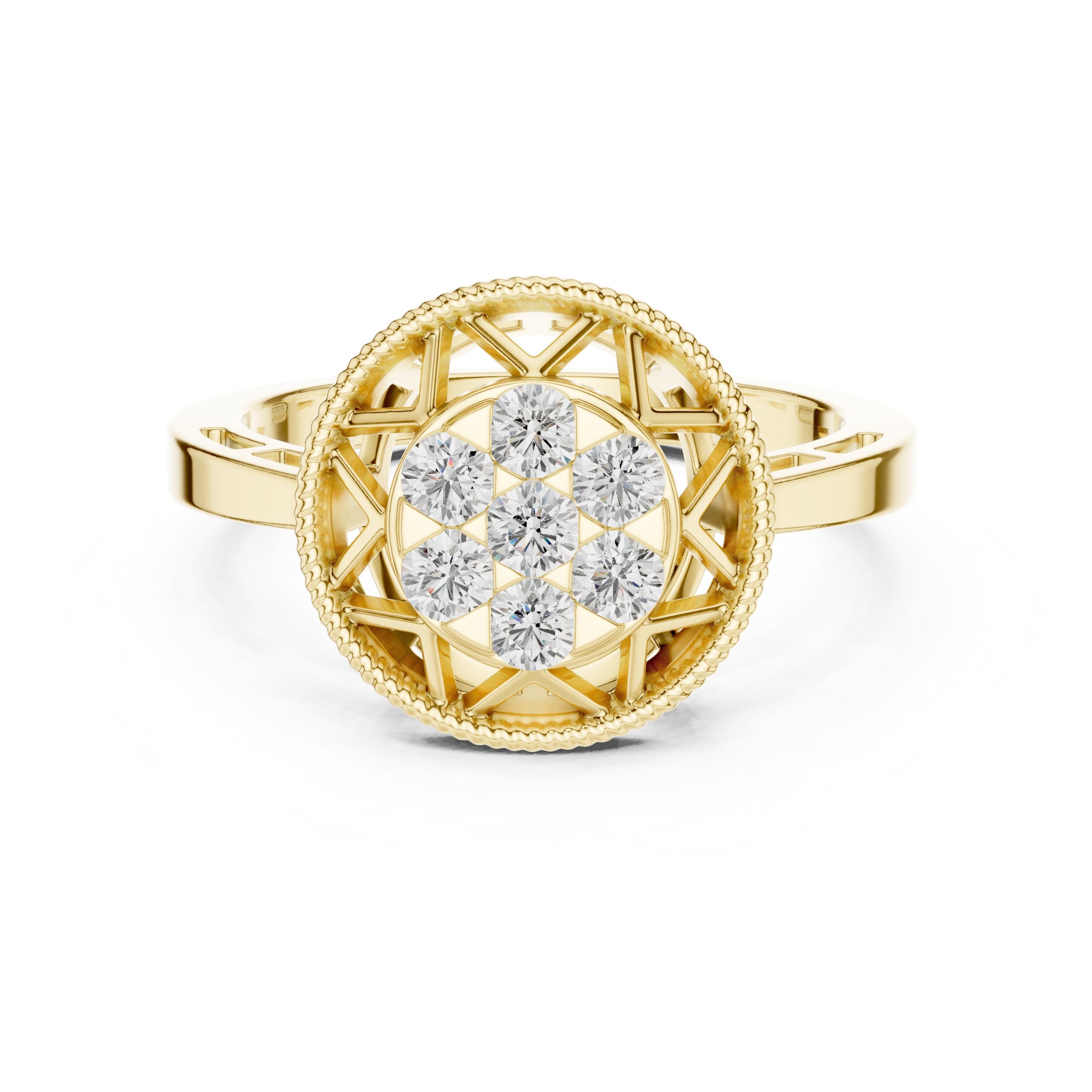 Round Diamond Cluster Caged Halo Engagement Ring in Yellow Gold - VYKA Diamonds