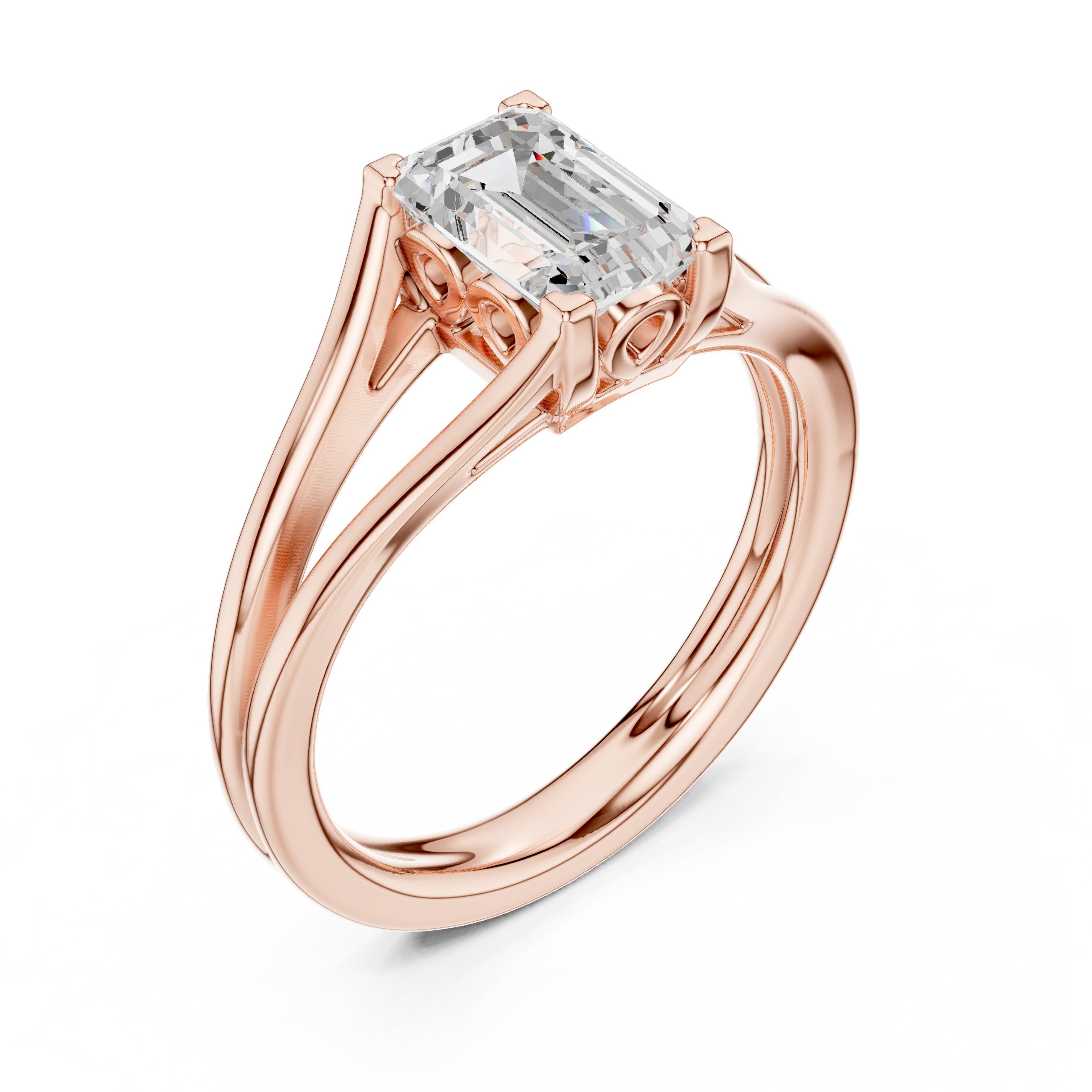 Radiant Cut Double Band Split Shank Solitaire Engagement Ring in Rose Gold - VYKA Diamonds