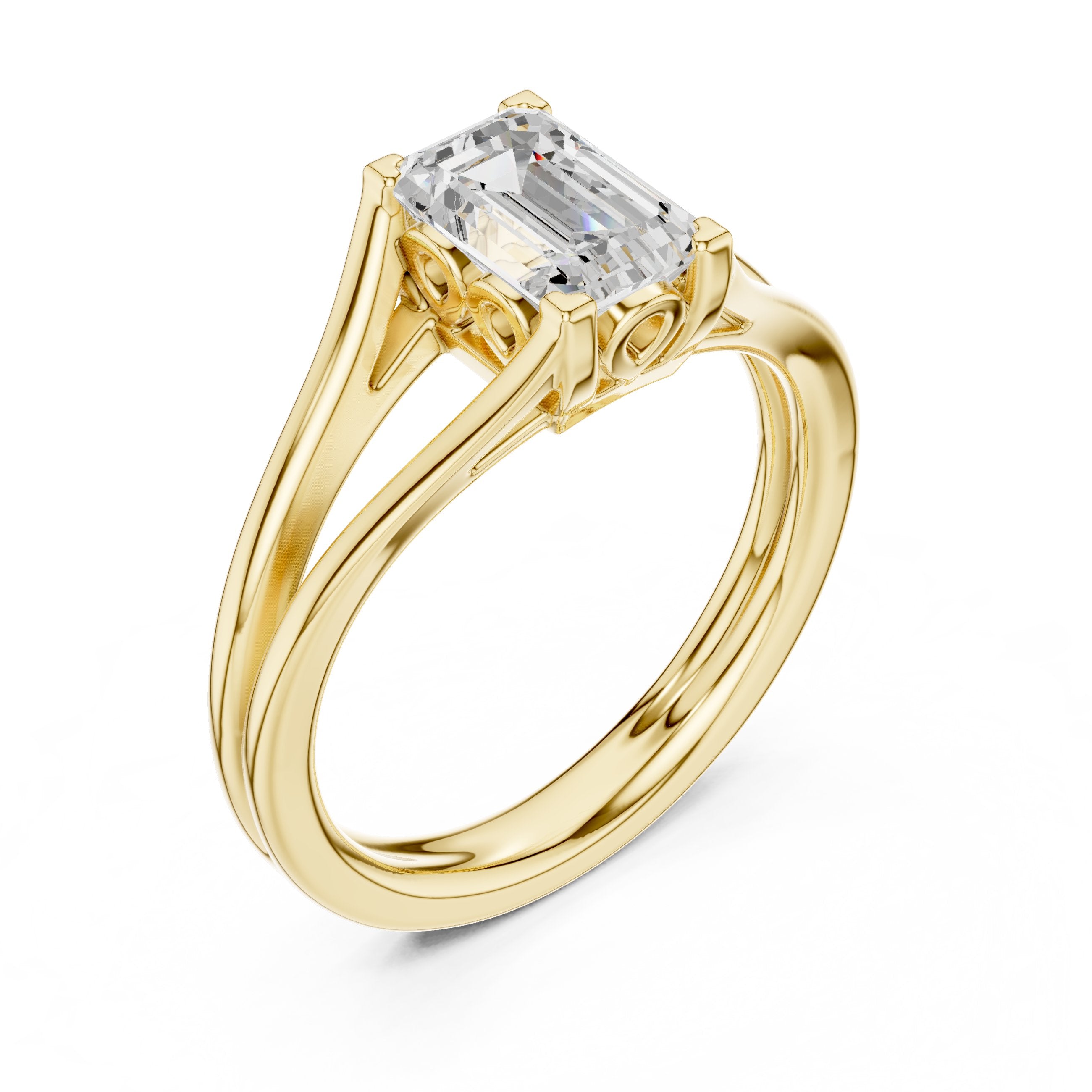 Radiant Cut Double Band Split Shank Solitaire Engagement Ring in Yellow Gold - VYKA Diamonds