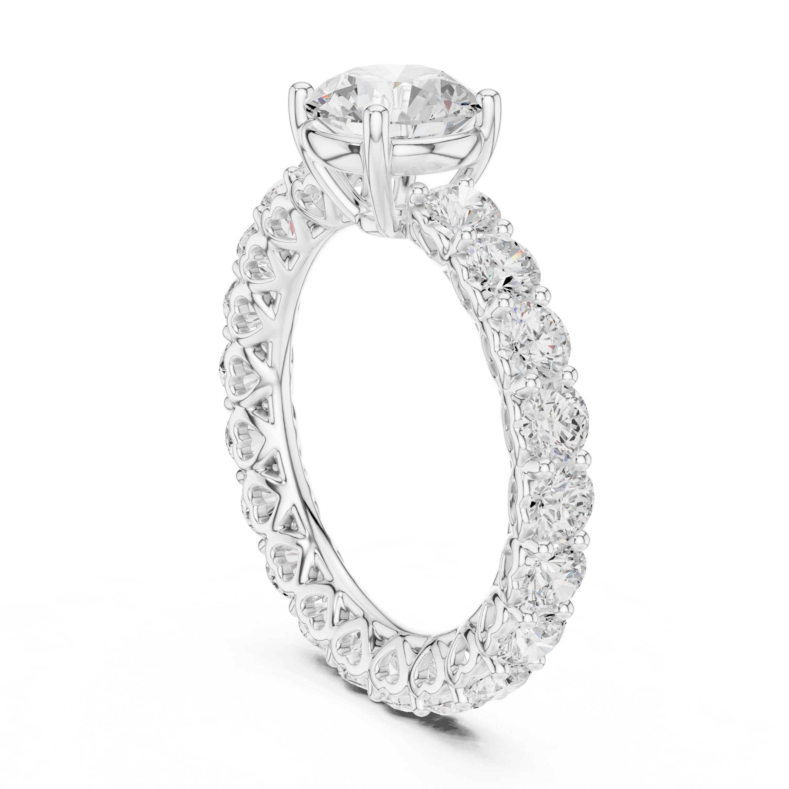 Round Diamond Engagement Ring with Claw Set Diamond Band in White Gold - VYKA Diamonds