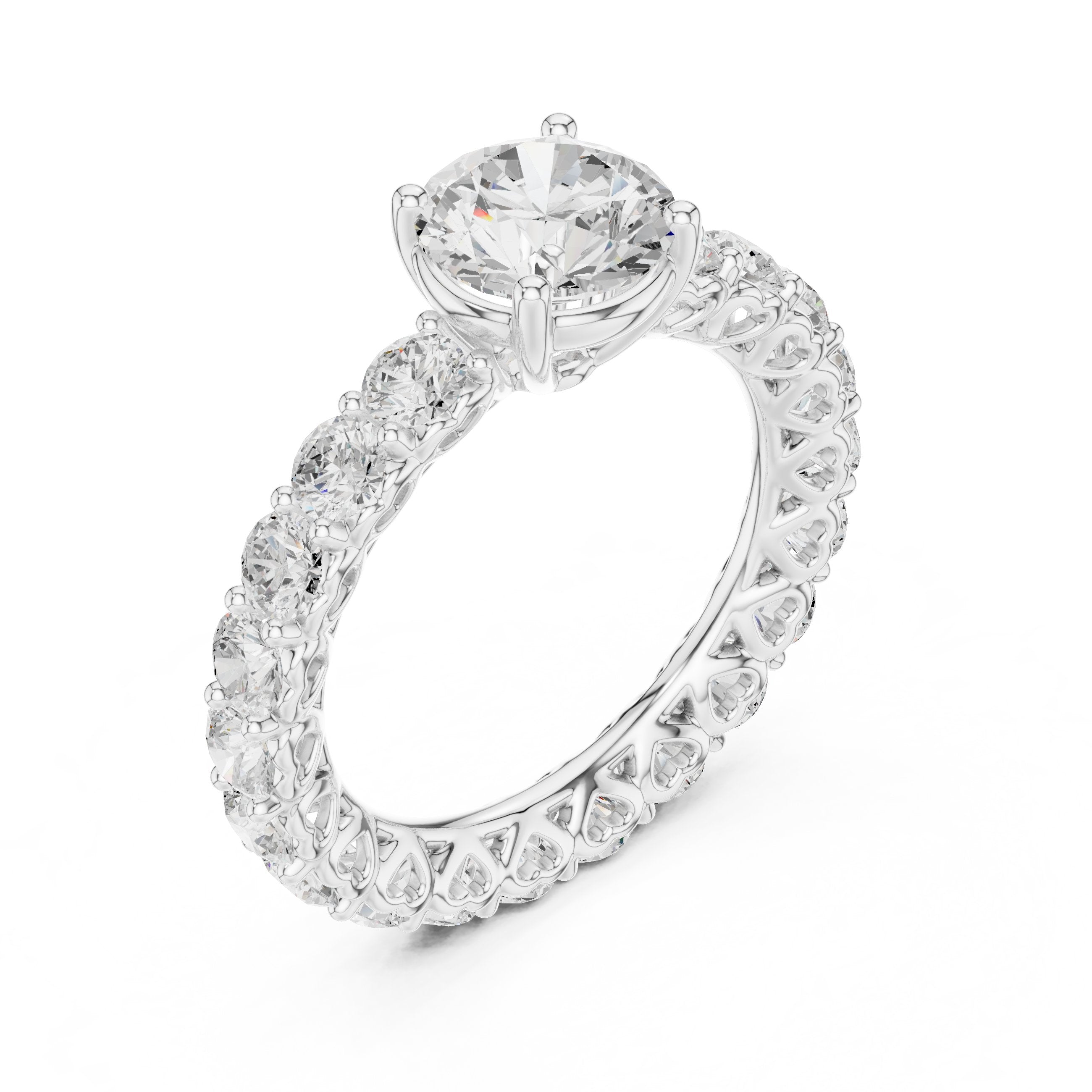 Round Diamond Engagement Ring with Claw Set Diamond Band in White Gold - VYKA Diamonds