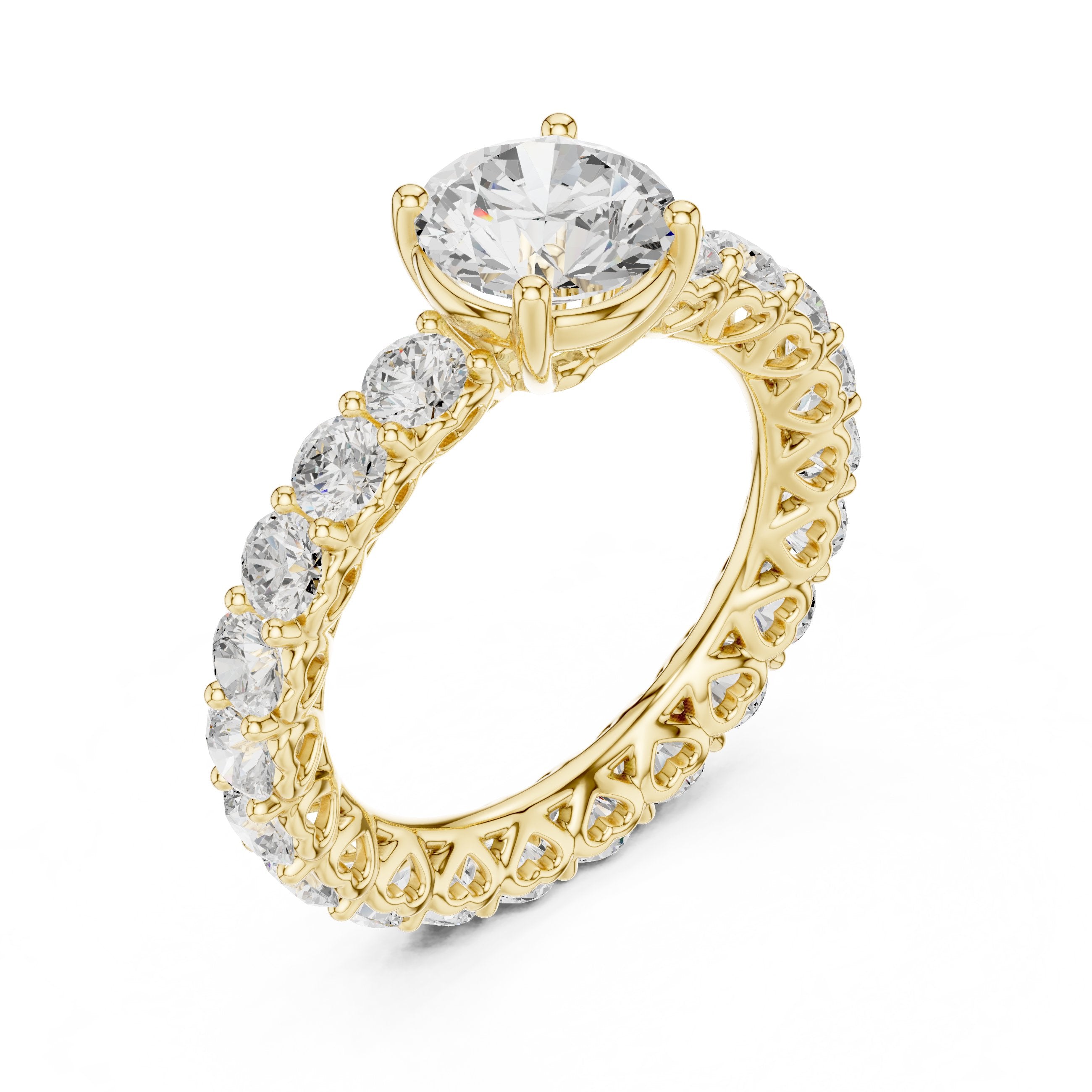 Round Diamond Engagement Ring with Claw Set Diamond Band in Yellow Gold - VYKA Diamonds