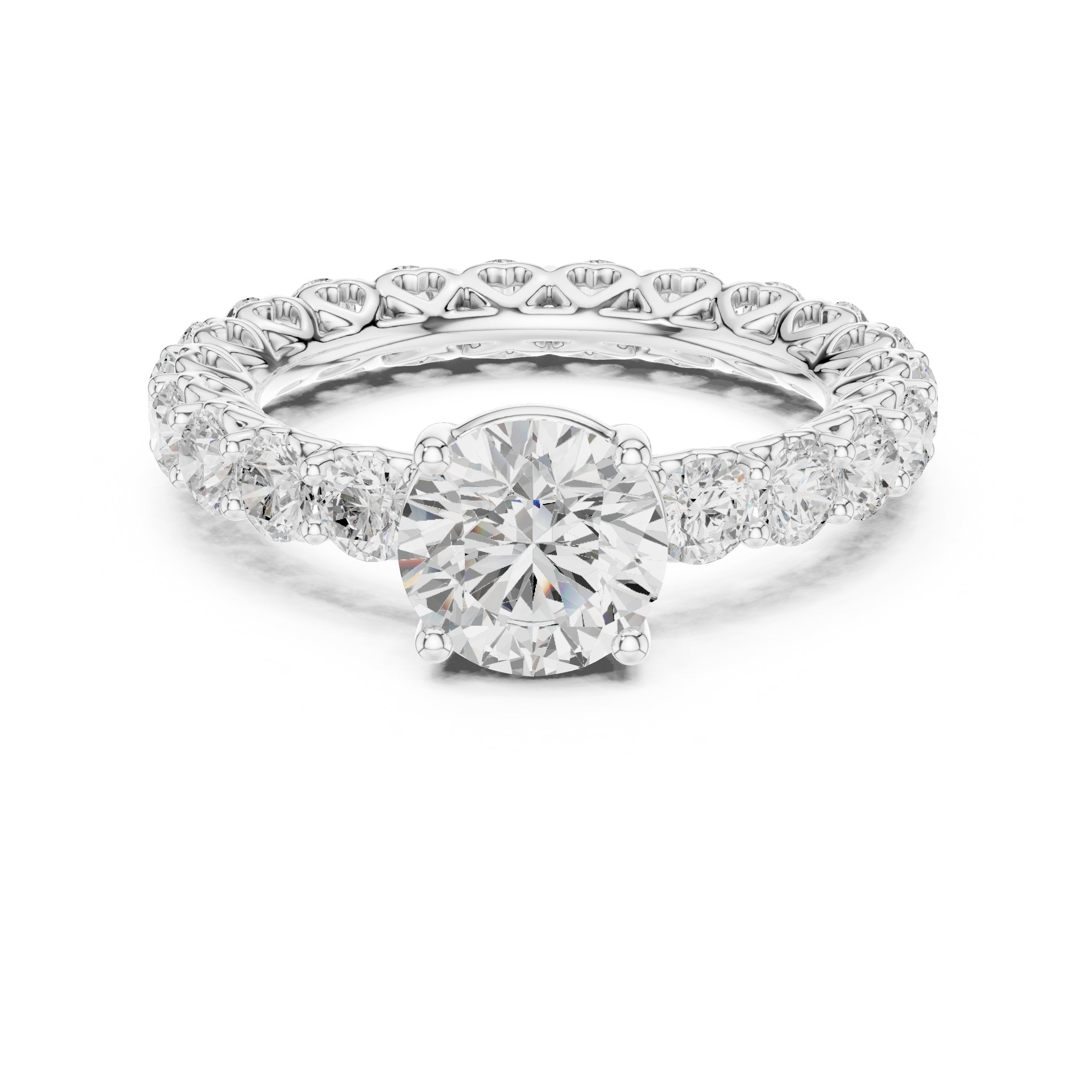 Round Diamond Engagement Ring with Claw Set Diamond Band in White Gold - VYKA Diamonds