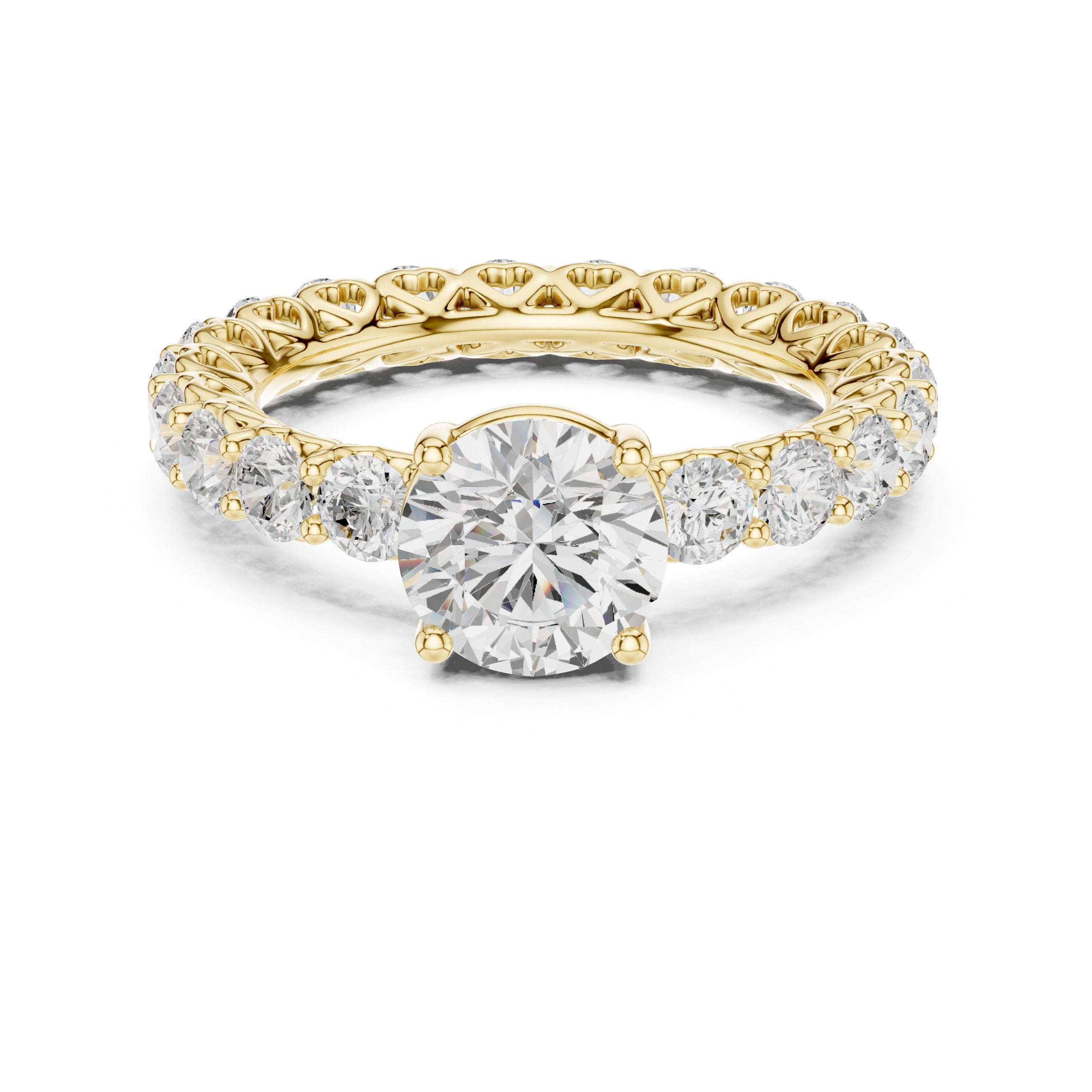 Round Diamond Engagement Ring with Claw Set Diamond Band in Yellow Gold - VYKA Diamonds