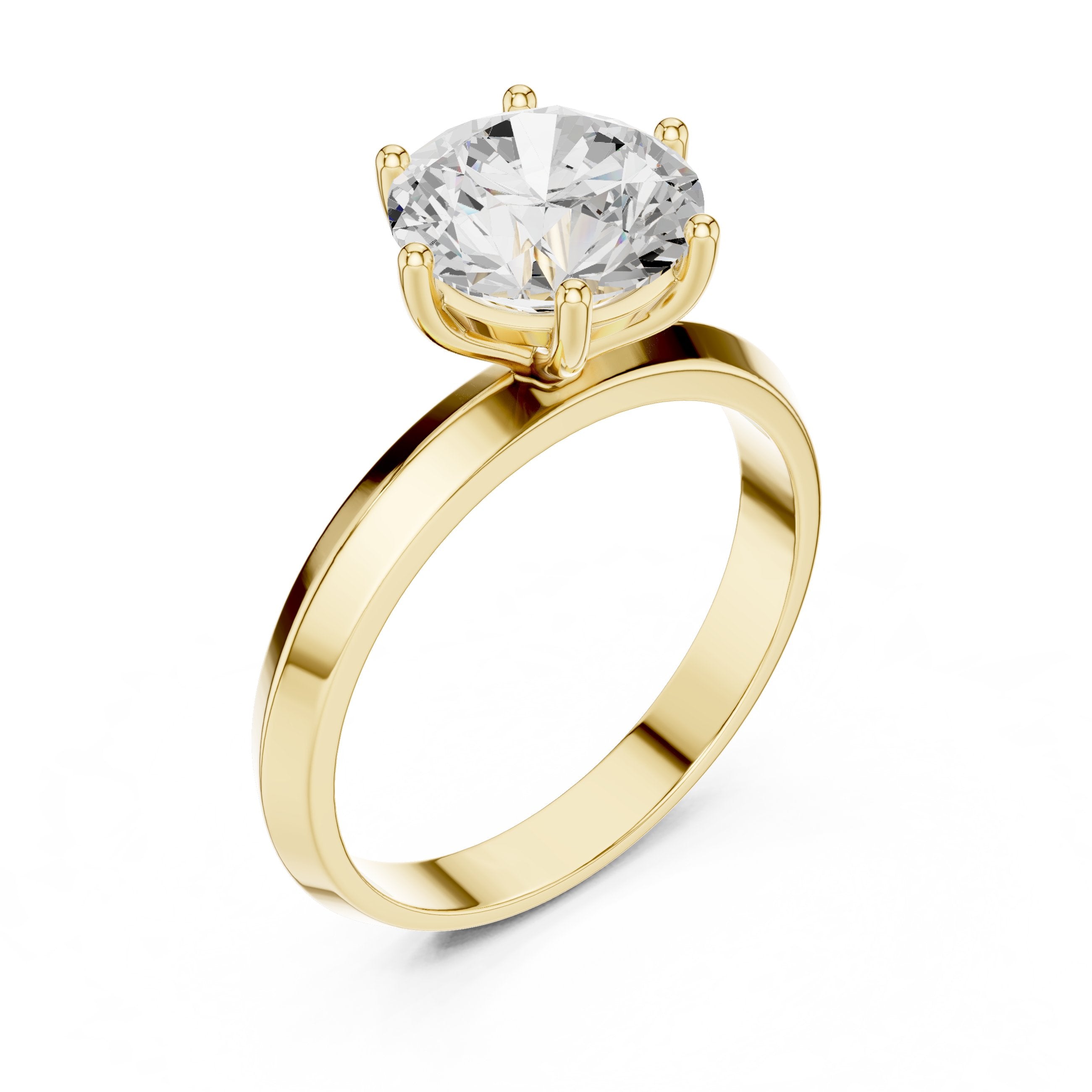 Round Diamond Six Prong Solitaire Engagement Ring with Knife Edge Band in Yellow Gold - VYKA Diamonds