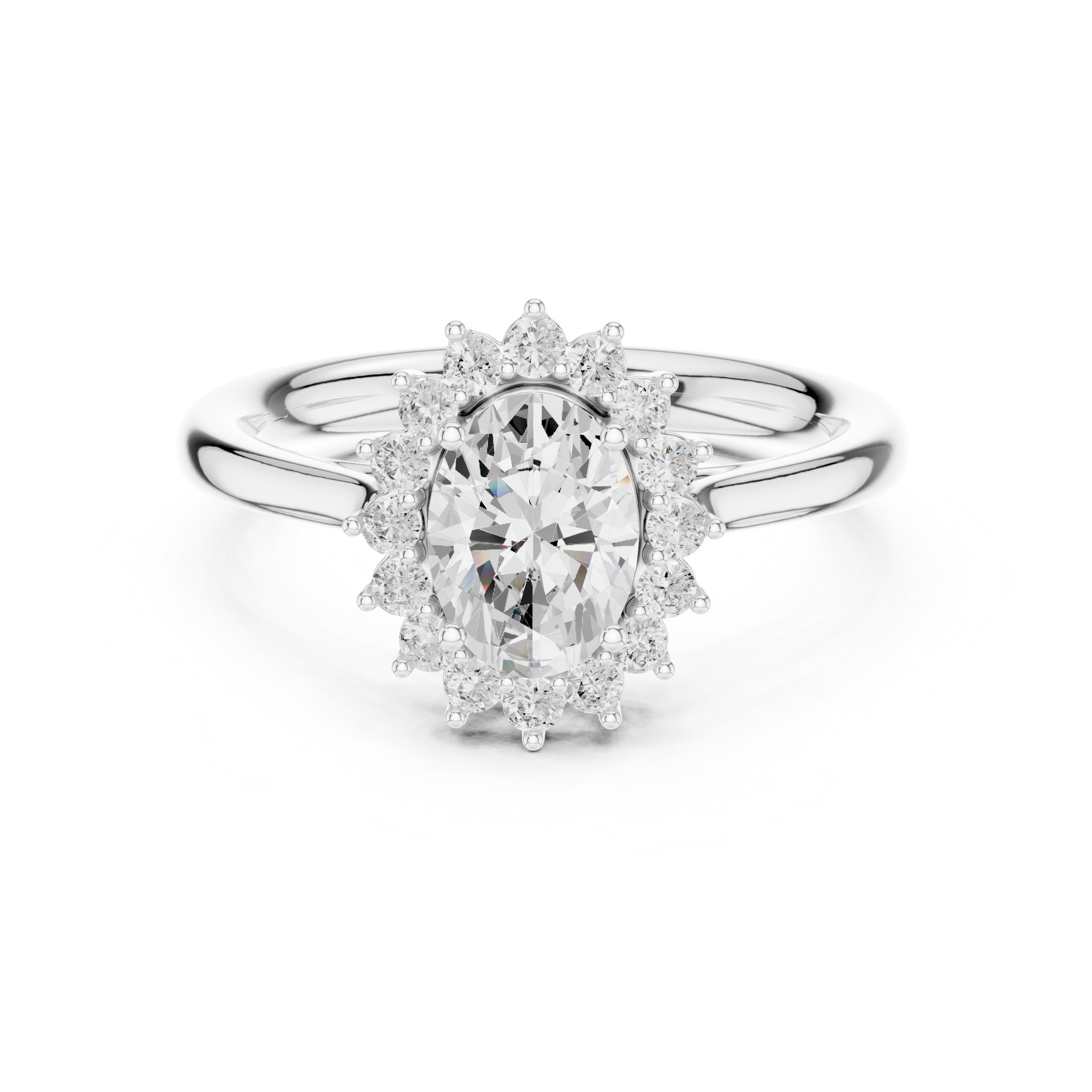 Oval Diamond Floral Halo Engagement Ring in White Gold - VYKA Diamonds