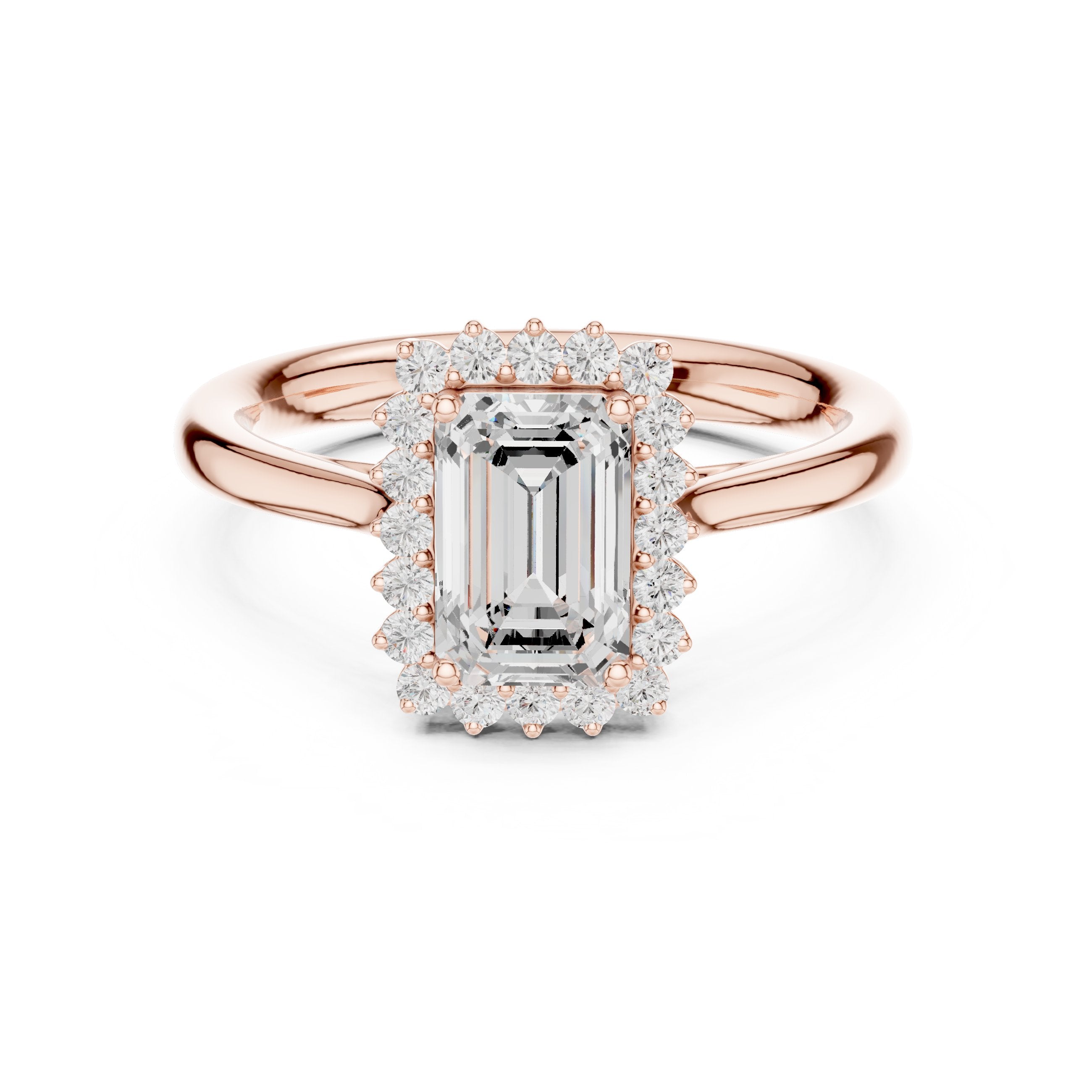 Emerald Cut Halo Engagement Ring in Rose Gold - VYKA Diamonds